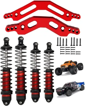 RC Shocks & Shock Tower Upgrades Part for 1/10 Arrma Granite/Senton 4x4 3S Blx Mega 550,4PCS Front Rear Full Alloy Big Bore Shocks & Front Rear Shock Tower Hop Ups,Red