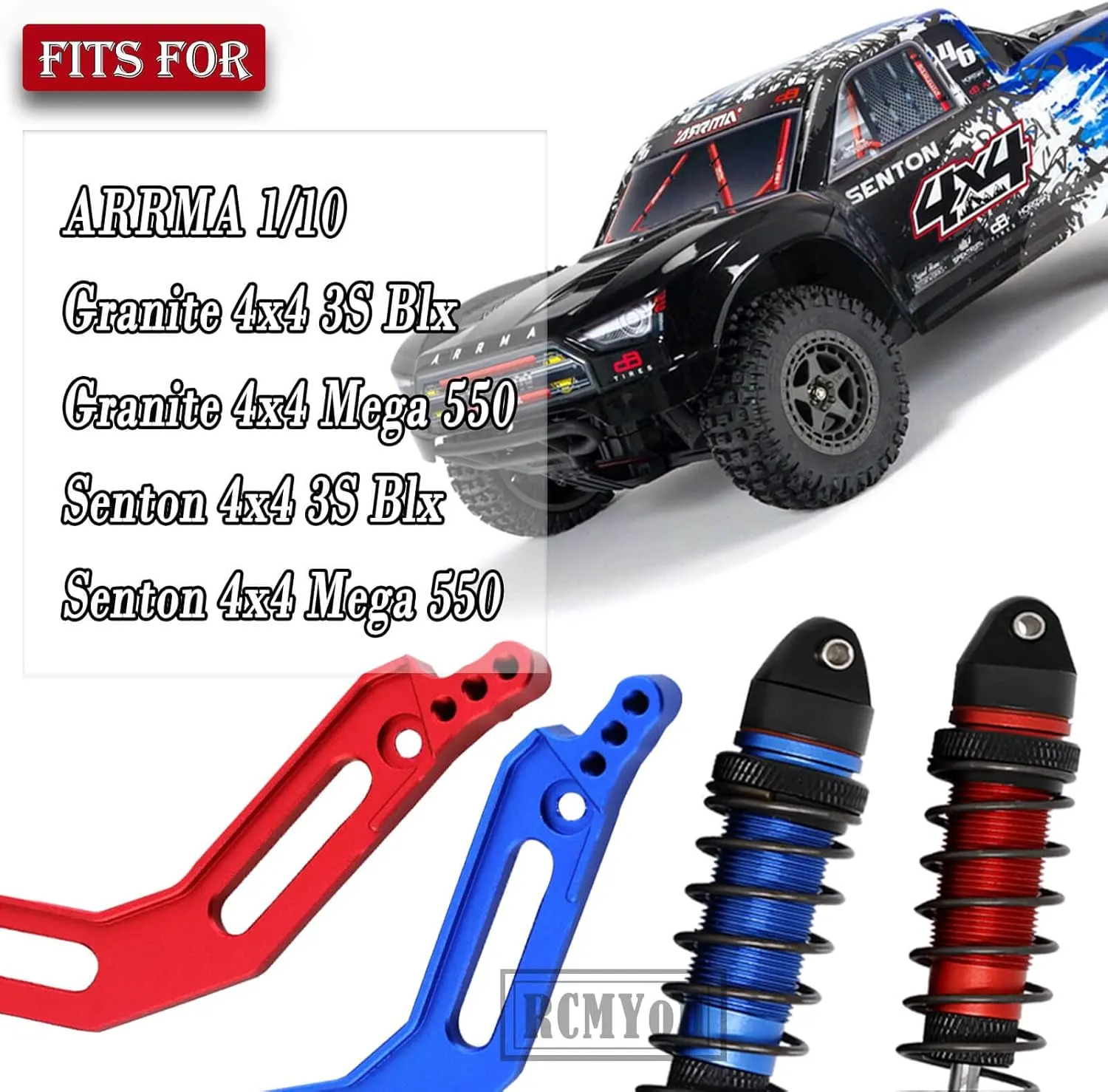 RC Shocks & Shock Tower Upgrades Part for 1/10 Arrma Granite/Senton 4x4 3S Blx Mega 550,4PCS Front Rear Full Alloy Big Bore Shocks & Front Rear Shock Tower Hop Ups,Red