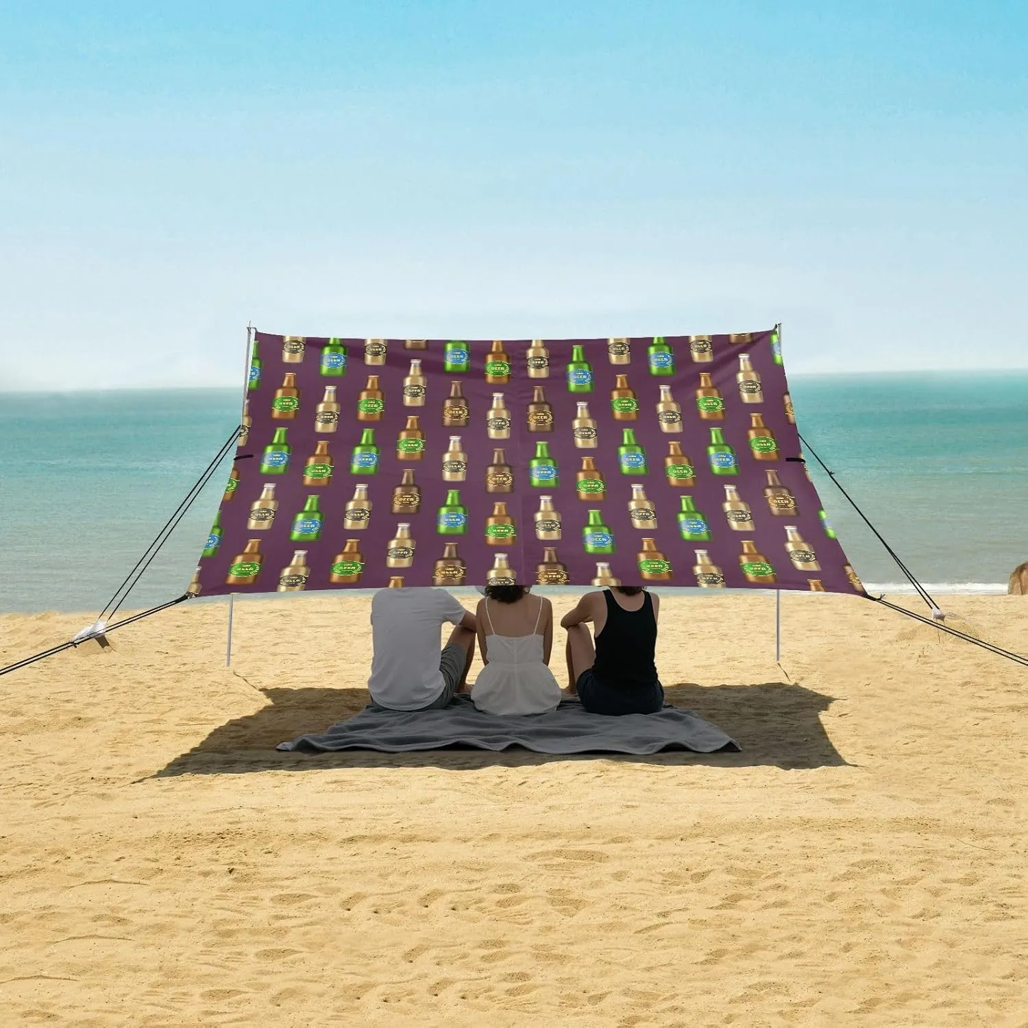 Realistic 3D Glass Beer Bottles Beach Canopy Tent Anti-UV & Wind Resistant, Camping Sun Shelter Easy Setup Portable,Outdoor Shade Tents with Sandbags,Sand Shovels,Ground Pegs & Stability Poles