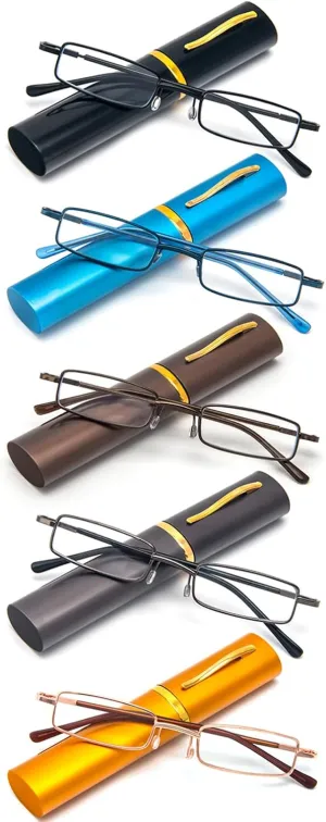 REAVEE 5 Pack Portable Slim Reading Glasses for Men Women, Computer Blue Light Blocking with Small Pocket Compact Pen Case