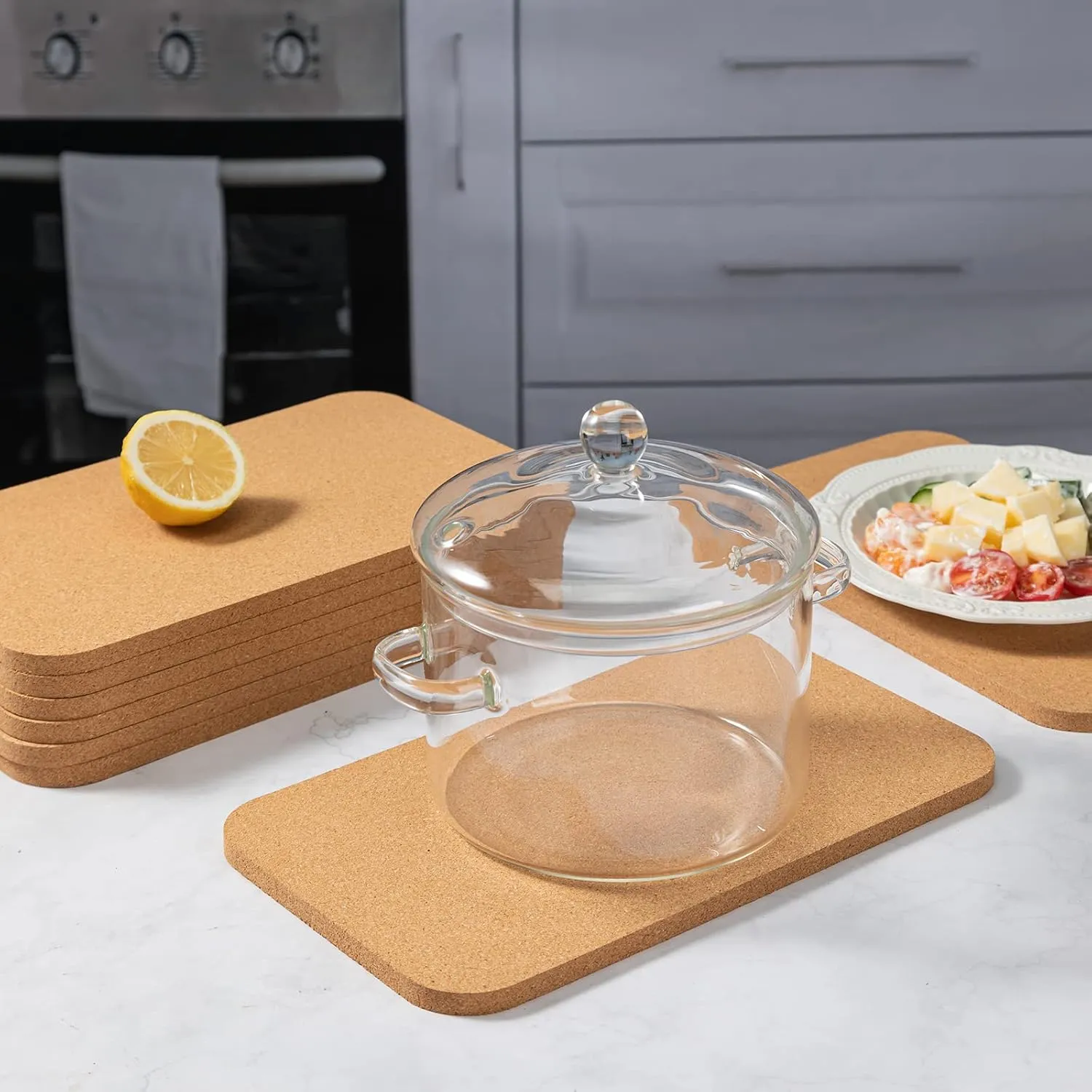 Rectangle Cork Trivets Set - 4 Pack, 12" x 7" x 0.4" Thick, Heat-Resistant Cork Hot Pads for Countertop, Table, and Kitchen, Perfect for Hot Pots and Pans