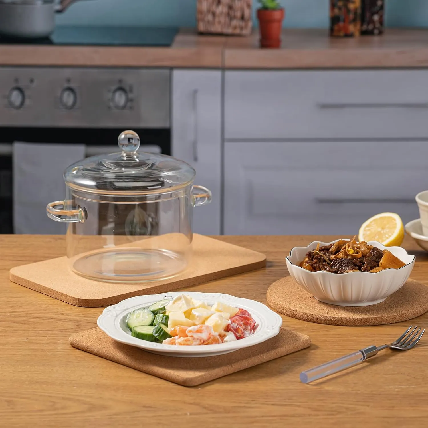 Rectangle Cork Trivets Set - 4 Pack, 12" x 7" x 0.4" Thick, Heat-Resistant Cork Hot Pads for Countertop, Table, and Kitchen, Perfect for Hot Pots and Pans