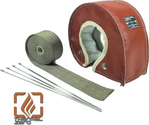 Red T3 Turbo Blanket Heat Shield Insulation Kit - with Lava/Titanium High Temperature Exhaust Wrap & Stainless Steel Zip Ties - TZ32047-RLKIT