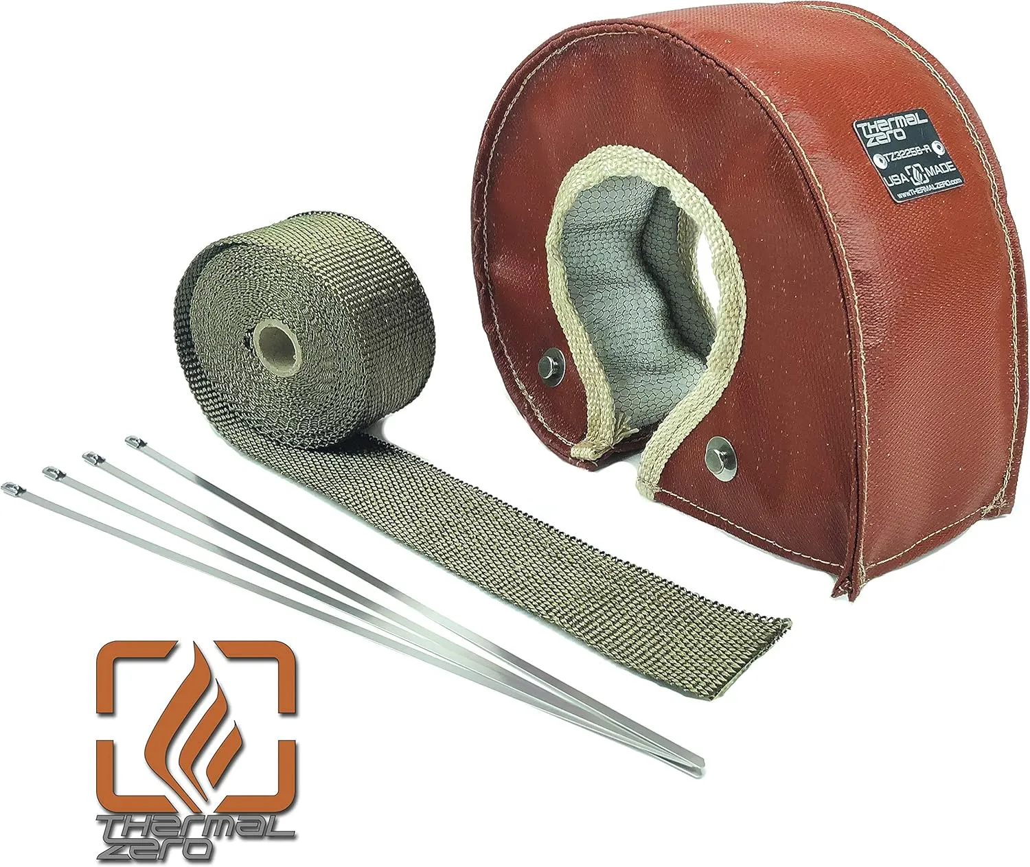 Red T3 Turbo Blanket Heat Shield Insulation Kit - with Lava/Titanium High Temperature Exhaust Wrap & Stainless Steel Zip Ties - TZ32047-RLKIT