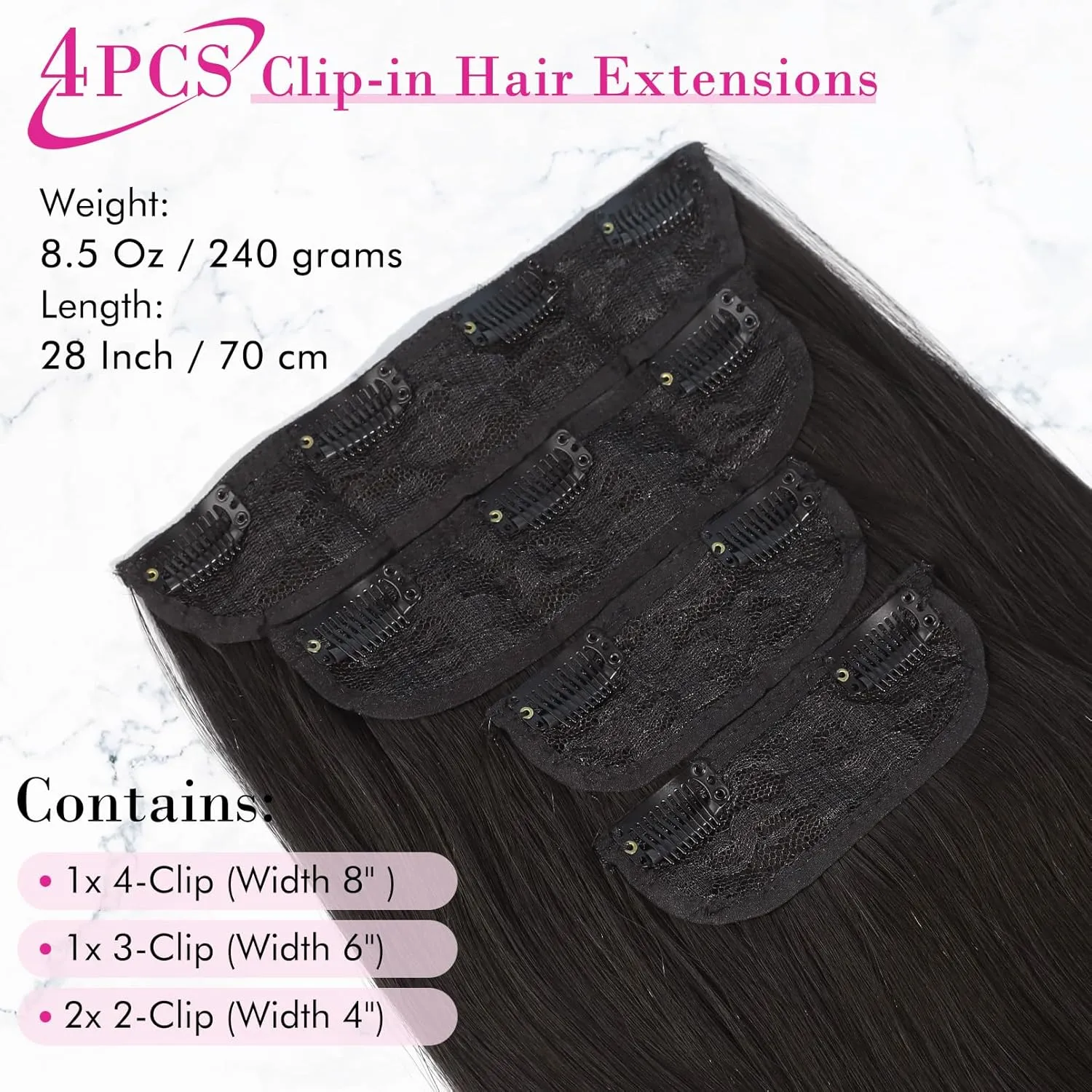 REECHO 28" Straight Super Long 4 PCS Set Thick Clip in on Hair Extensions Black Brown