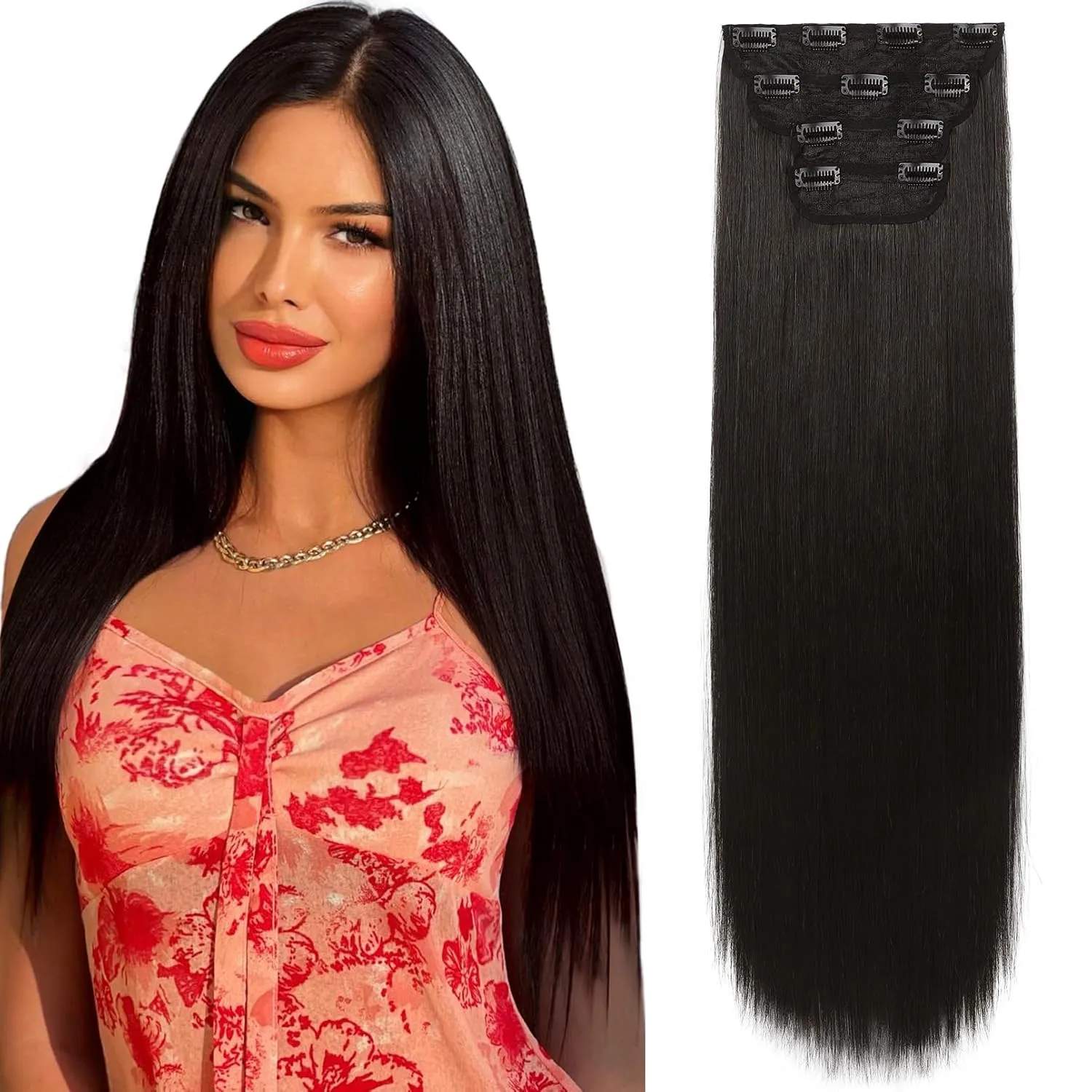 REECHO 28" Straight Super Long 4 PCS Set Thick Clip in on Hair Extensions Black Brown