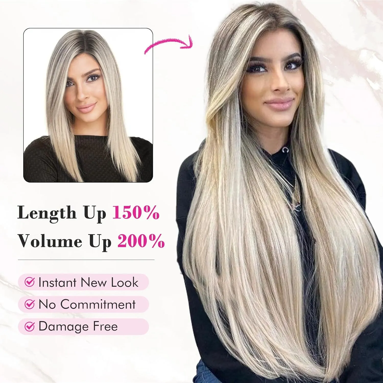 REECHO 28" Straight Super Long 4 PCS Set Thick Clip in on Hair Extensions Black Brown