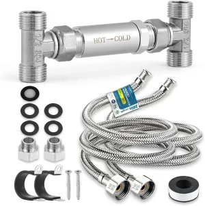 Replacement 304 Stainless Steel Sensor Valve Kit for Instant Hot Water Recirculating Pump System, Includes Valve & 2 x 20-in PEX Supply Lines for Potable Water & Adaptors & Teflon Tape