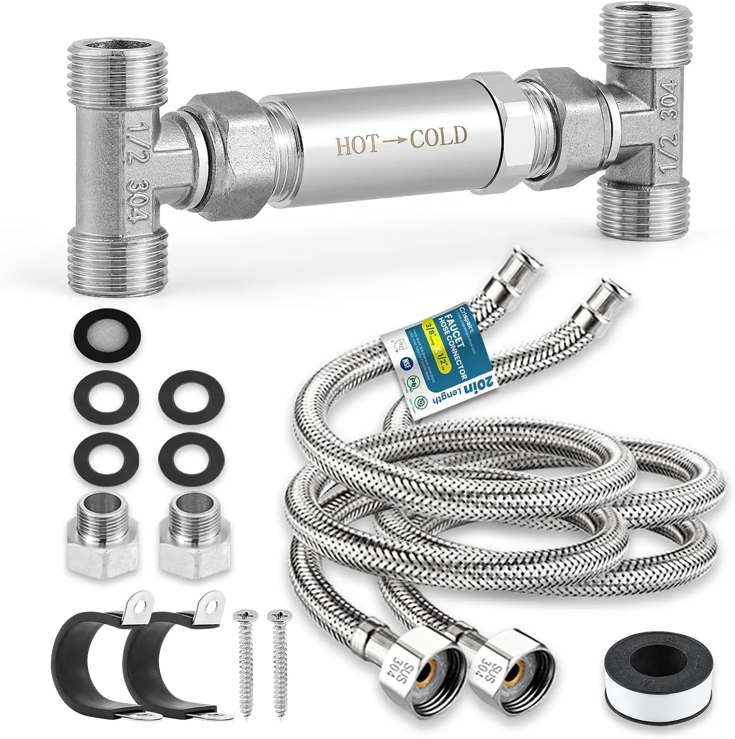 Replacement 304 Stainless Steel Sensor Valve Kit for Instant Hot Water Recirculating Pump System, Includes Valve & 2 x 20-in PEX Supply Lines for Potable Water & Adaptors & Teflon Tape
