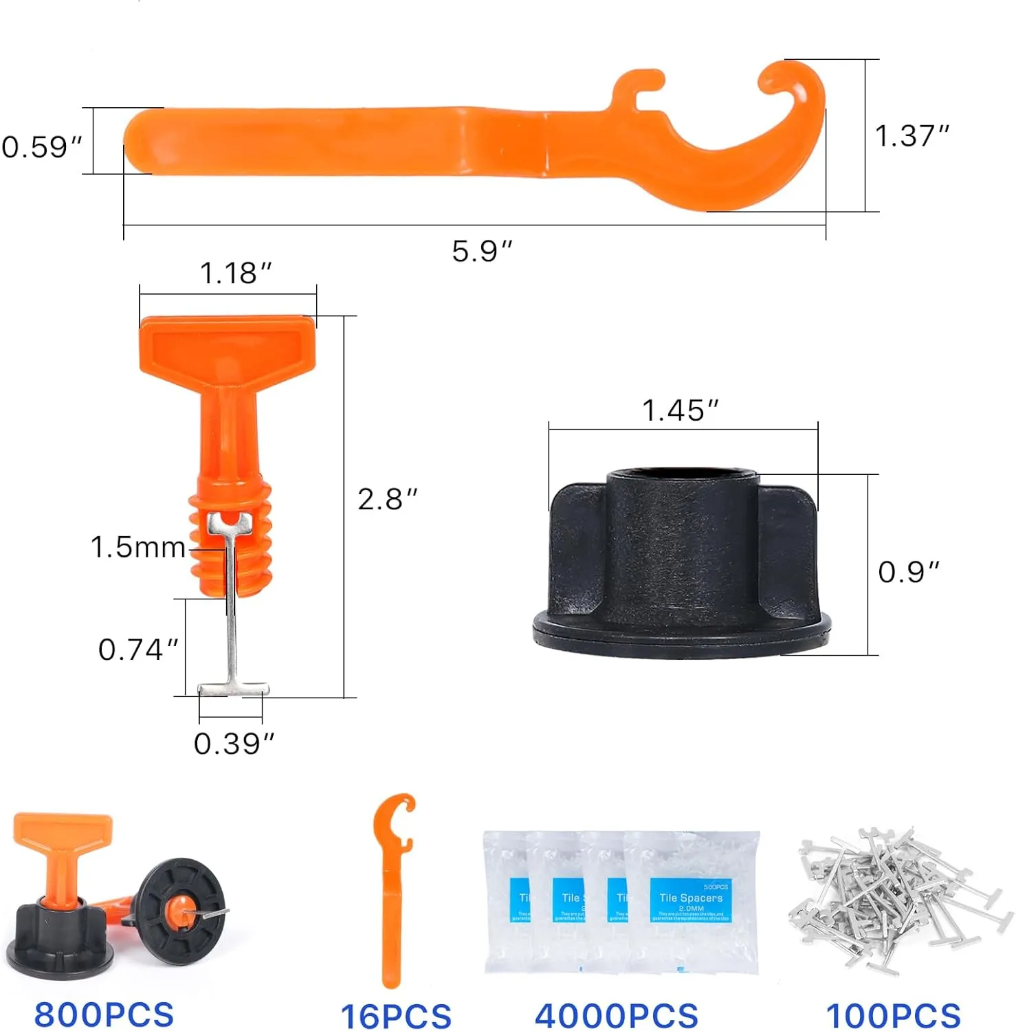 Reusable 1/16" Tile Leveling System Kit (800pcs) w/ 4000 1/12" Cross Spacers   16 Wrenches & 100 Steel Pins - Professional Floor Installation Tools(800, 1/12)