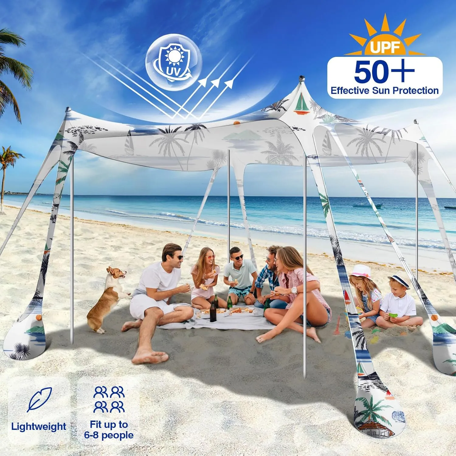Rhino Valley Beach Tent Sun Shelter, Beach Canopy Tent Sun Shade UPF50  Protection with 8 Sandbags 4 Stability Poles, Outdoor Beach Shade Canopy for Beach, Camping, Fishing