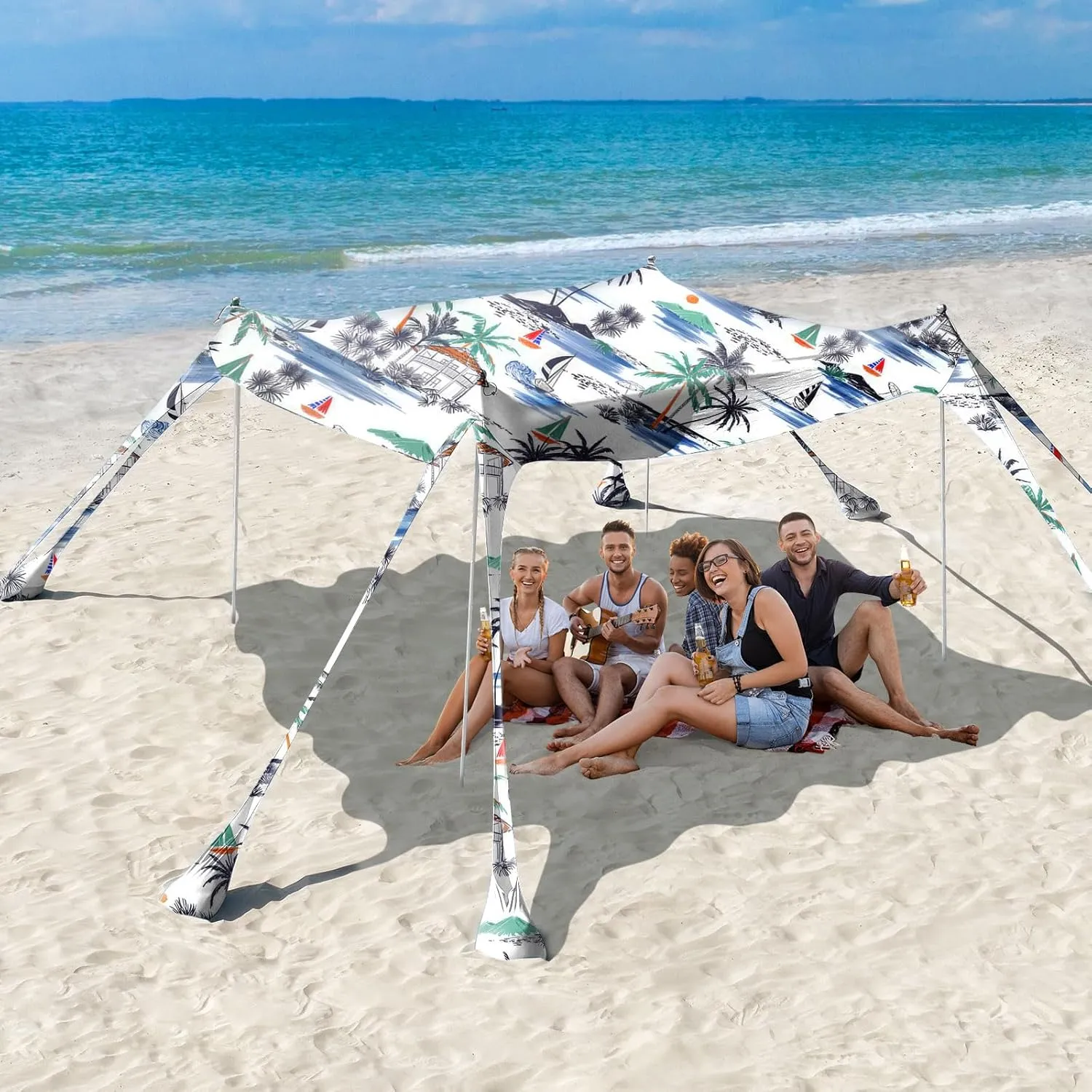 Rhino Valley Beach Tent Sun Shelter, Beach Canopy Tent Sun Shade UPF50  Protection with 8 Sandbags 4 Stability Poles, Outdoor Beach Shade Canopy for Beach, Camping, Fishing