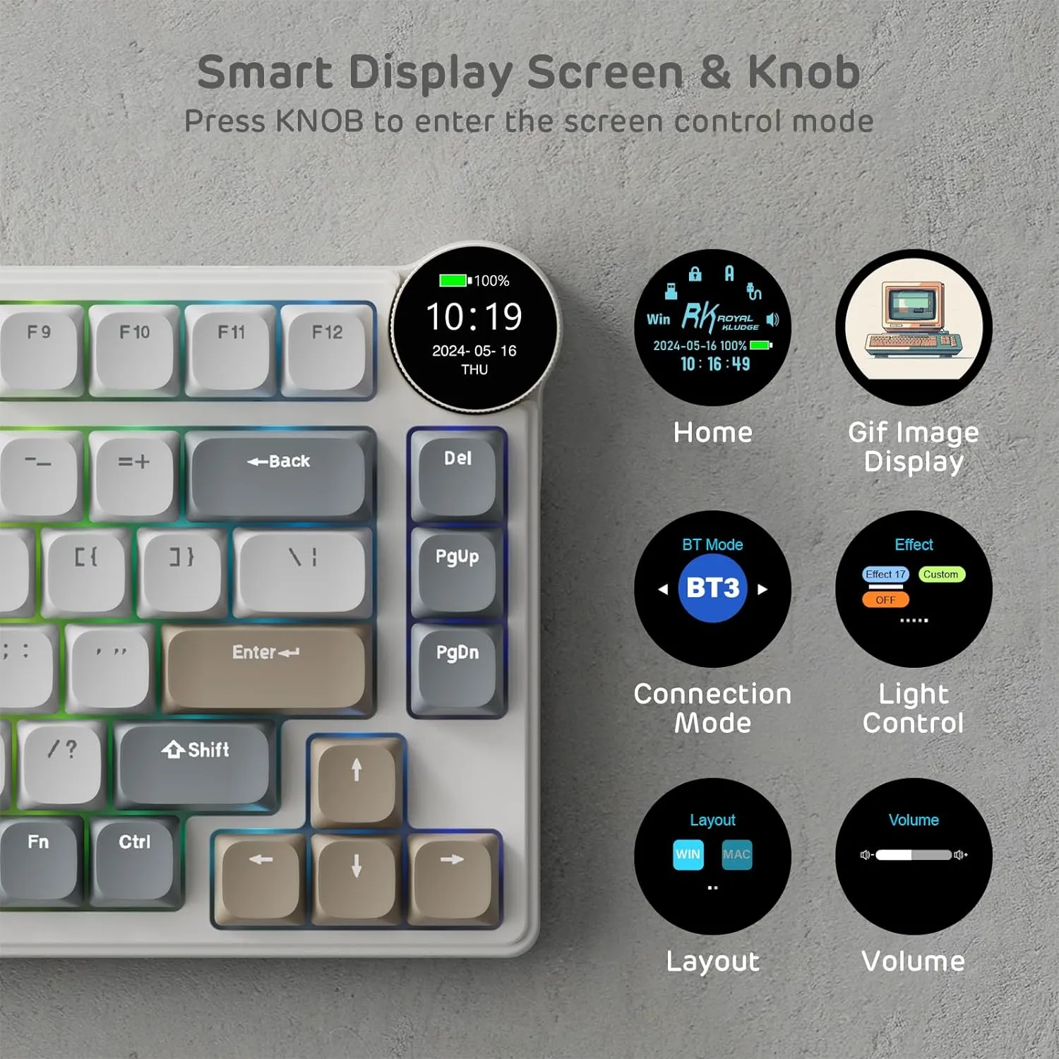 RK ROYAL KLUDGE N80 Low Profile Mechanical Keyboard w/Smart Display Screen & Knob, 75% Top Mount 3-Modes Wireless Mechanical Keyboard, Software Support, Massive Battery, 80 Keys, Tactile Brown Switch