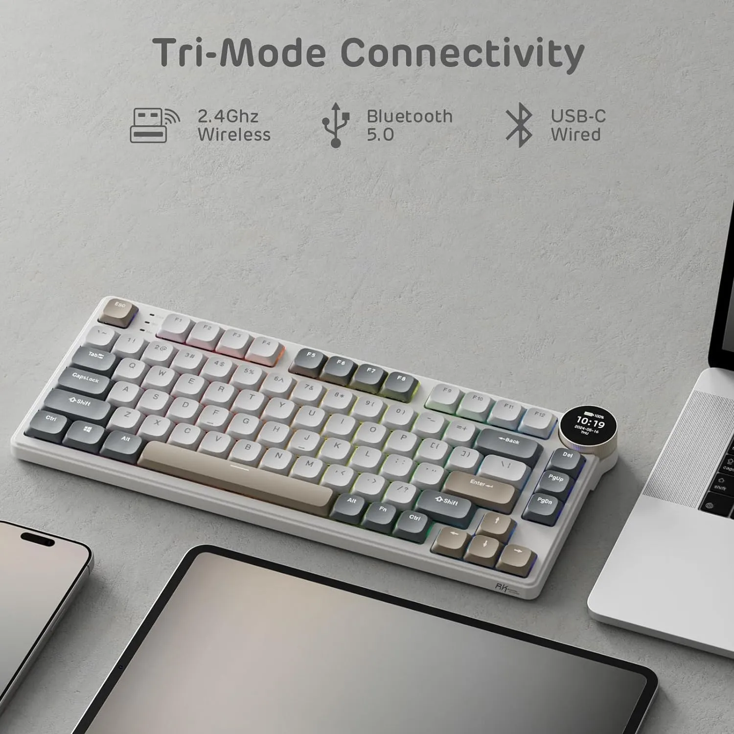 RK ROYAL KLUDGE N80 Low Profile Mechanical Keyboard w/Smart Display Screen & Knob, 75% Top Mount 3-Modes Wireless Mechanical Keyboard, Software Support, Massive Battery, 80 Keys, Tactile Brown Switch