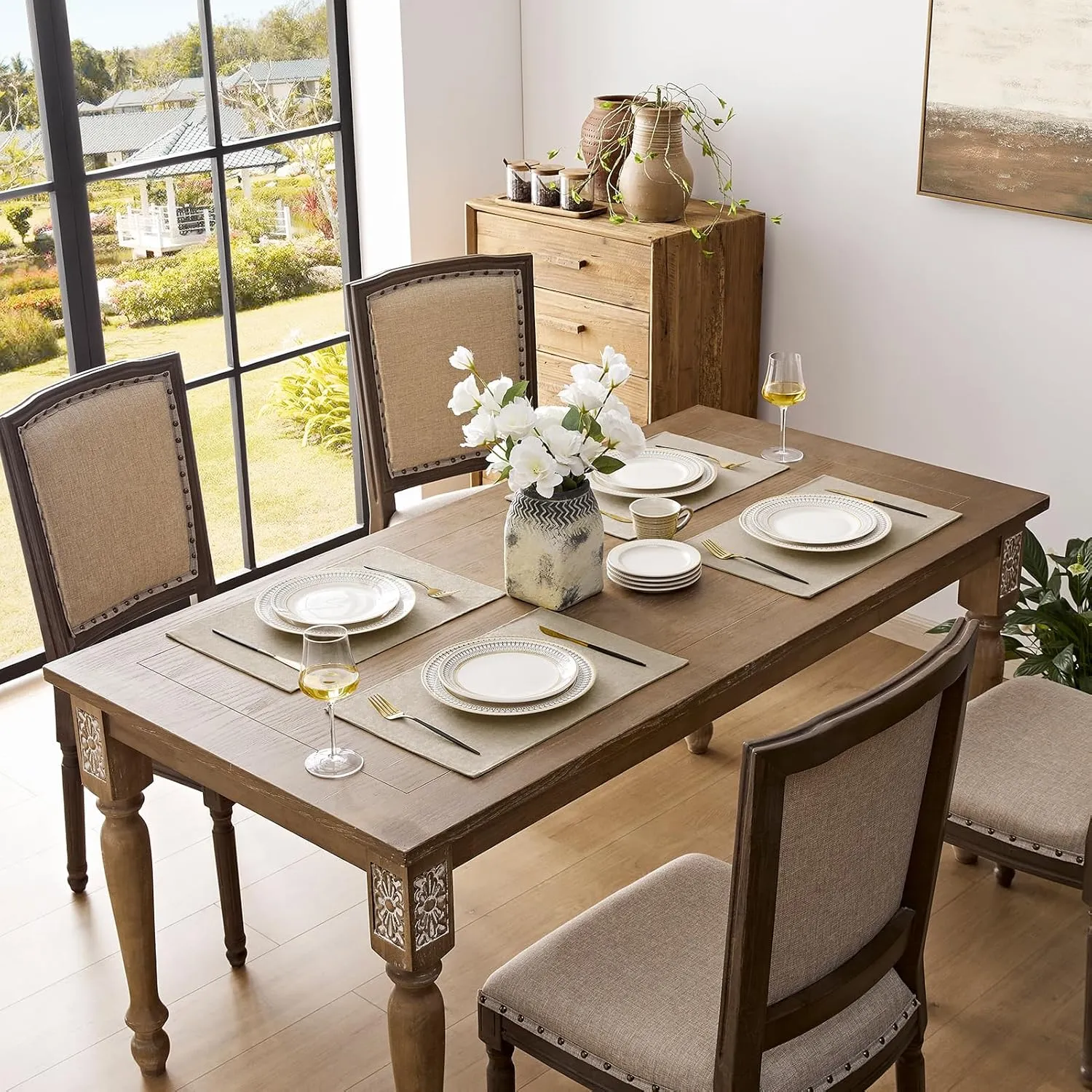 Romanstile Cloth Placemats Set of 6-12 x 18 Inch, Heat Resistant Double Layered Thickened Burlap Place Mats, Washable Faux Linen Farmhouse Table Mats for Kitchen/Dining/Party/Outdoor, Beige