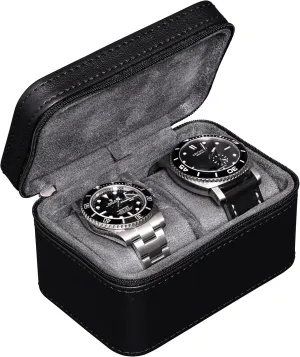 ROTHWELL 2 Watch Travel Case for Men | Compact PU Leather Protective Box with Microsuede Interior | Fits Watches & Smartwatches Up to 55mm (Black/Grey)