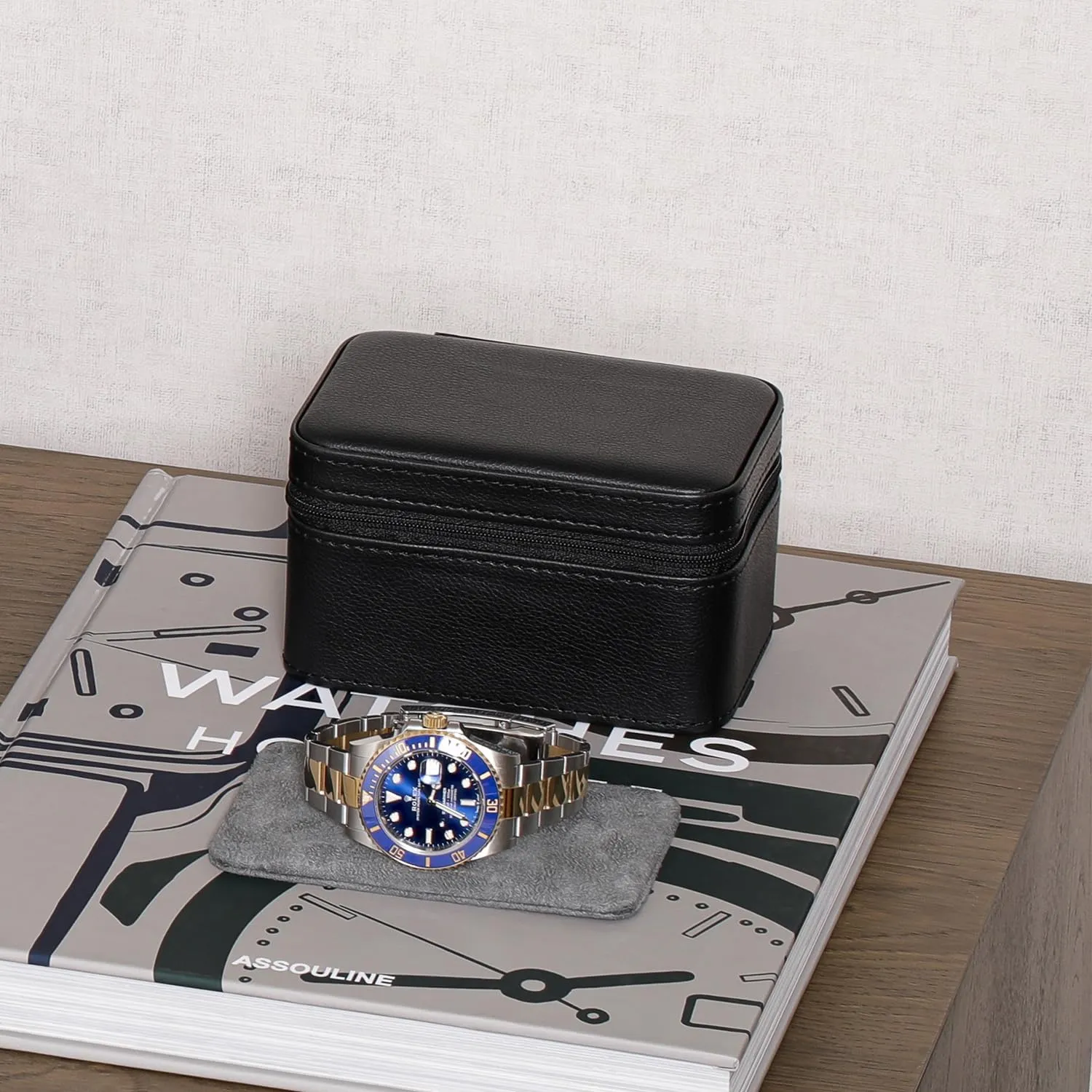 ROTHWELL 2 Watch Travel Case for Men | Compact PU Leather Protective Box with Microsuede Interior | Fits Watches & Smartwatches Up to 55mm (Black/Grey)