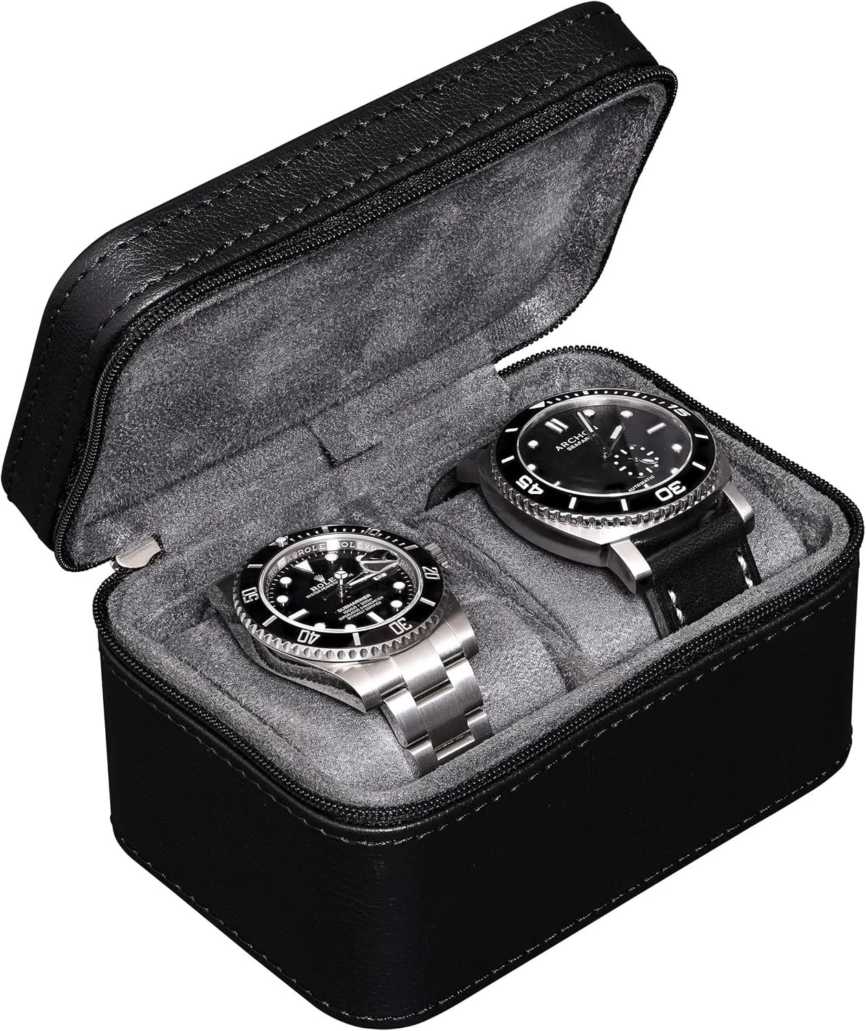 ROTHWELL 2 Watch Travel Case for Men | Compact PU Leather Protective Box with Microsuede Interior | Fits Watches & Smartwatches Up to 55mm (Black/Grey)