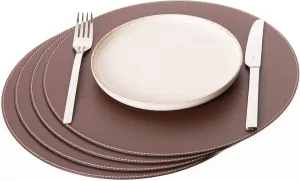 Round Placemats Set (Pack of 4) Recycled Leather Table Mats 15 inches, Kitchen Dining Table Decor by Nikalaz (Brown)