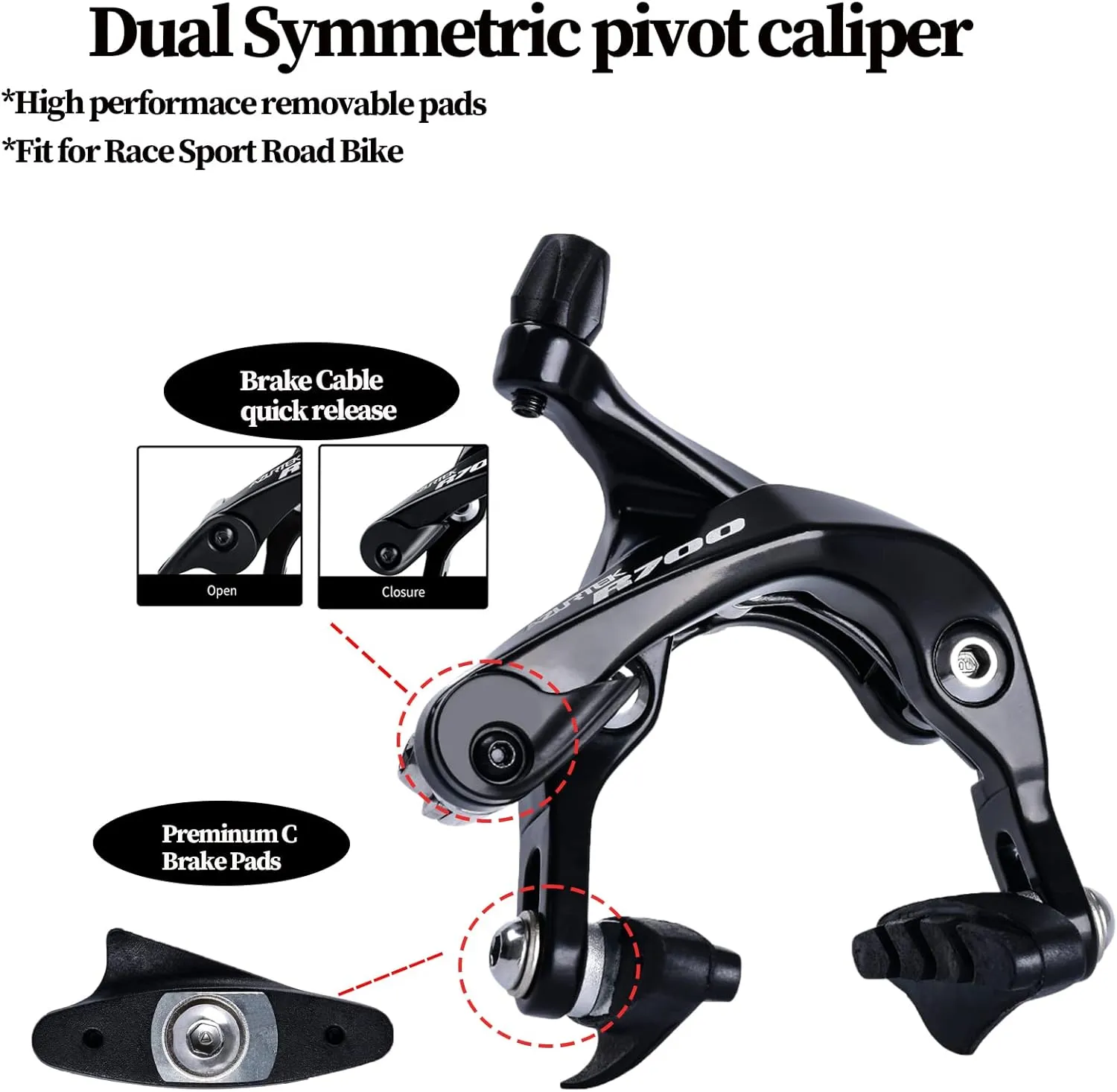RUJOI Road Bike Brake Calipers,Premium Aluminum Dual Pivot Brake Caliper with Alloy Shoe Pads for Road Bike(Front & Rear)