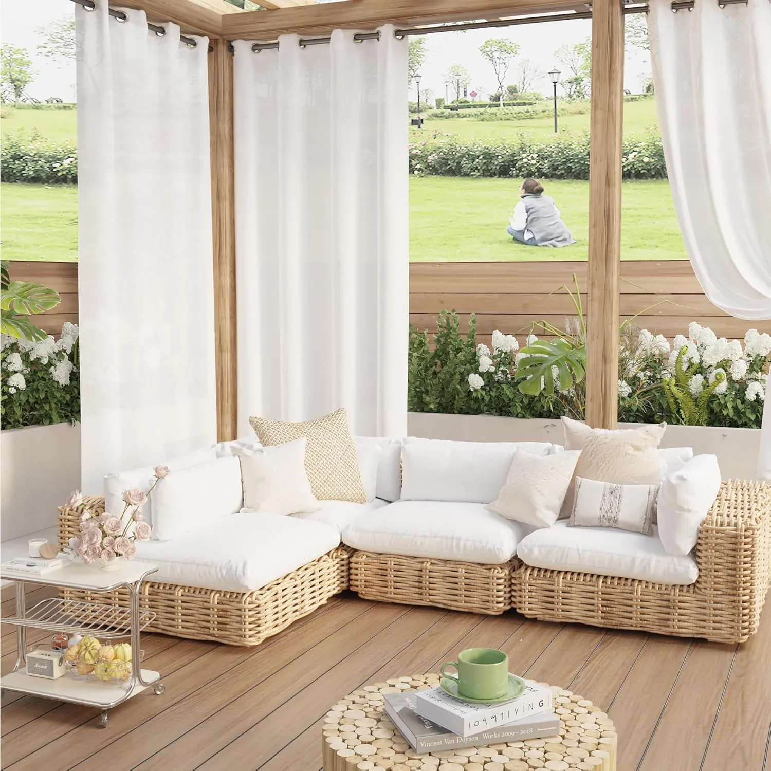 RYB HOME Non-See -Through Outdoor Sheer Curtains Waterproof Privacy Curtain for Patio & Gazebo, Durable, Thickened and Soft UV-Blocking Sheers with Natural Drape - White, 52x108 Inches, 2 Panels