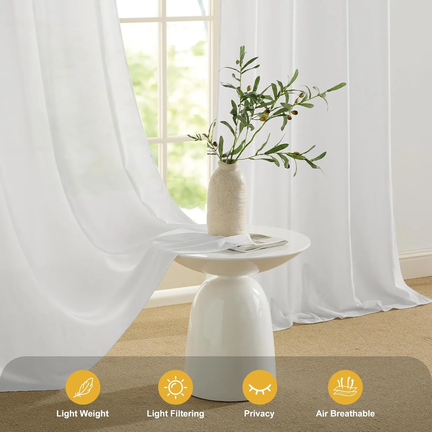 RYB HOME Non-See -Through Outdoor Sheer Curtains Waterproof Privacy Curtain for Patio & Gazebo, Durable, Thickened and Soft UV-Blocking Sheers with Natural Drape - White, 52x108 Inches, 2 Panels