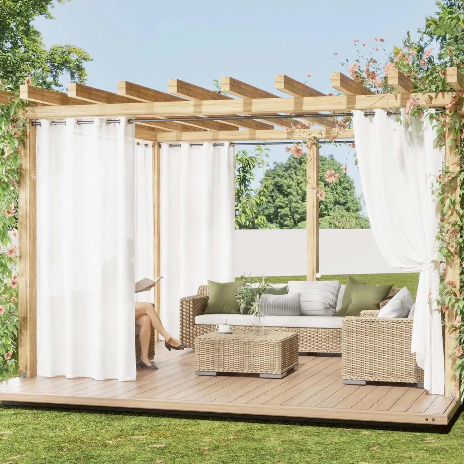 RYB HOME Non-See -Through Outdoor Sheer Curtains Waterproof Privacy Curtain for Patio & Gazebo, Durable, Thickened and Soft UV-Blocking Sheers with Natural Drape - White, 52x108 Inches, 2 Panels
