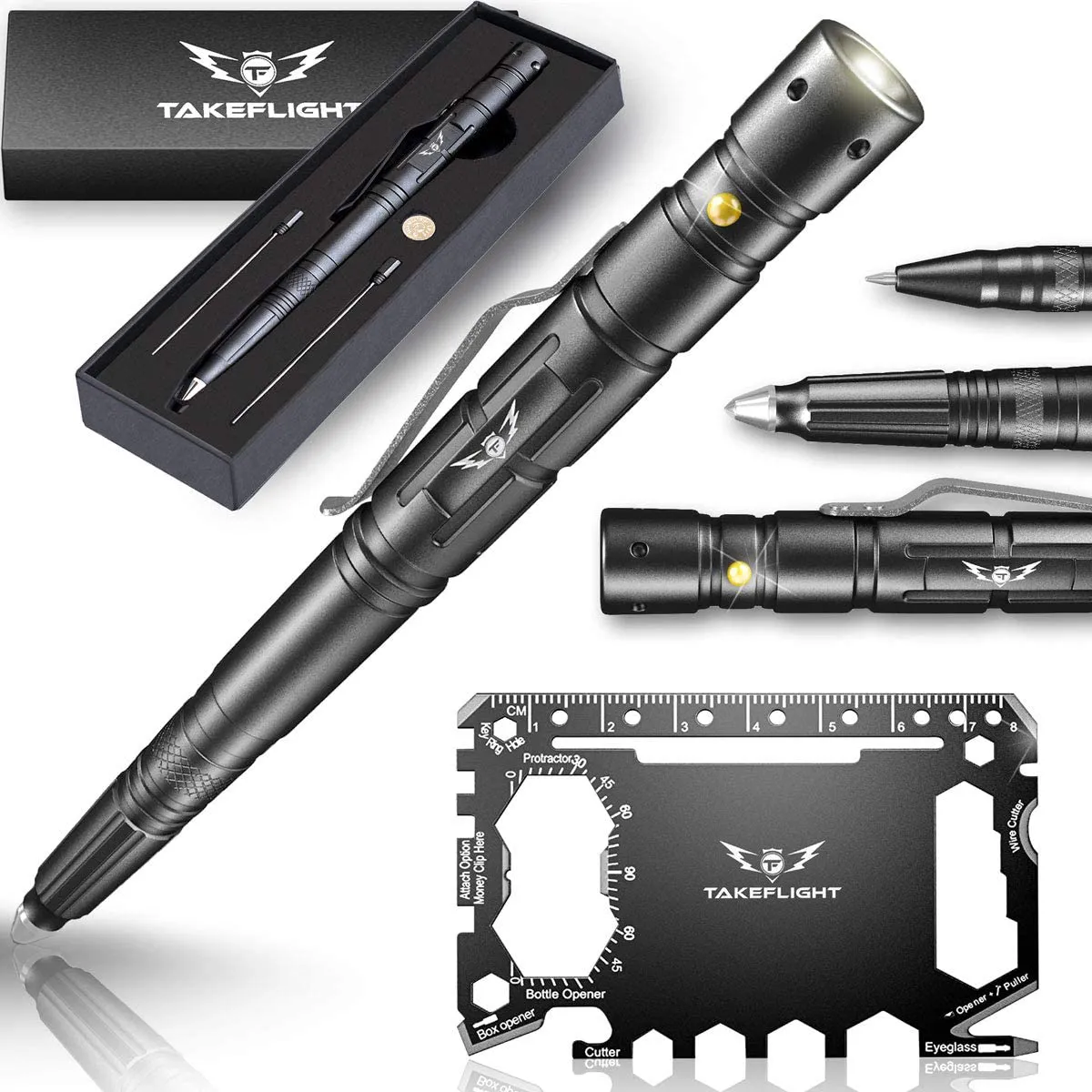Rynx | Tactical Pen Survival Gear – LED Tactical Flashlight Multi Tool – Sturdy, Lightweight EDC Pen Survival Tool – Glass Breaker, Bottle Opener, Screwdriver, Gift Box (Black-Short)