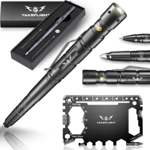 Rynx | Tactical Pen Survival Gear – LED Tactical Flashlight Multi Tool – Sturdy, Lightweight EDC Pen Survival Tool – Glass Breaker, Bottle Opener, Screwdriver, Gift Box (Black-Short)