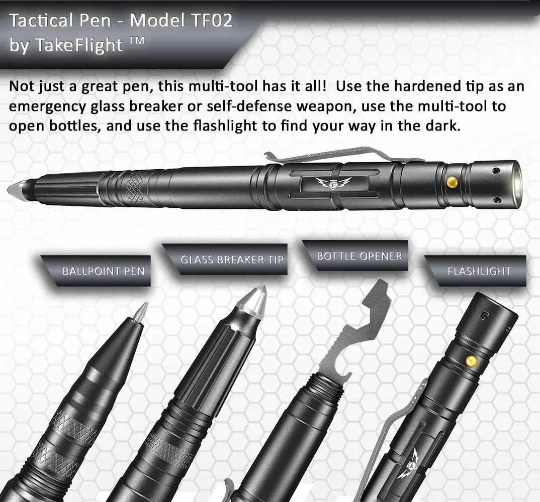 Rynx | TAKEFLIGHT Tactical Pen Survival Gear – LED Tactical Flashlight Multi Tool – Robust, Lightweight EDC Pen Survival Tool – Glass Breaker, Corkscrew, Screwdriver, Gift Box (Steel)