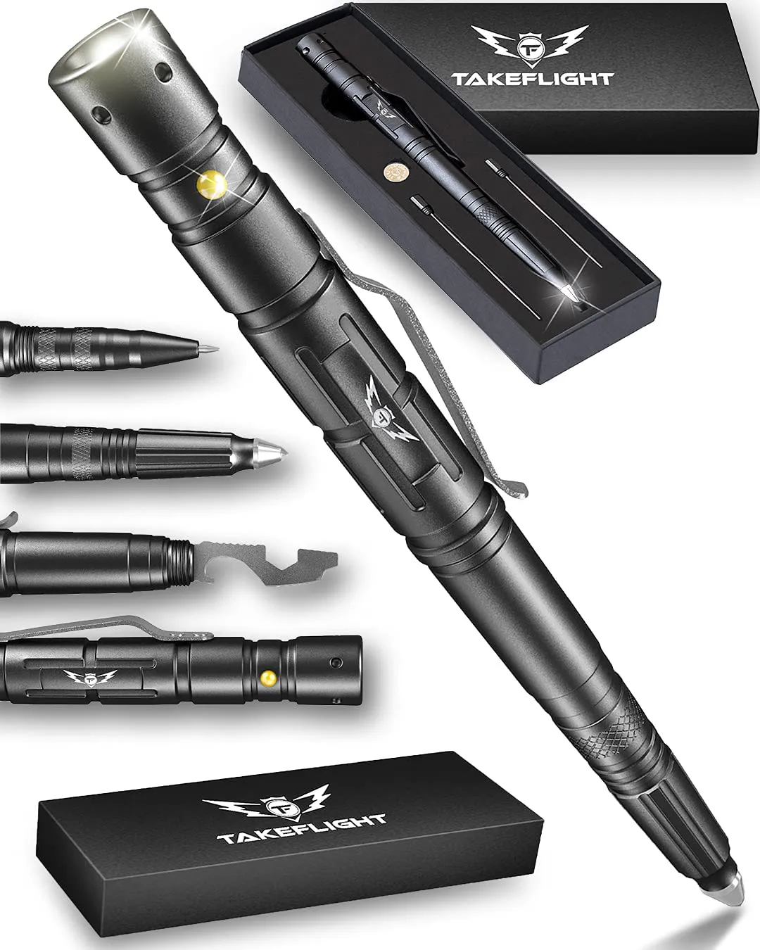 Rynx | TAKEFLIGHT Tactical Pen Survival Gear – LED Tactical Flashlight Multi Tool – Robust, Lightweight EDC Pen Survival Tool – Glass Breaker, Corkscrew, Screwdriver, Gift Box (Steel)