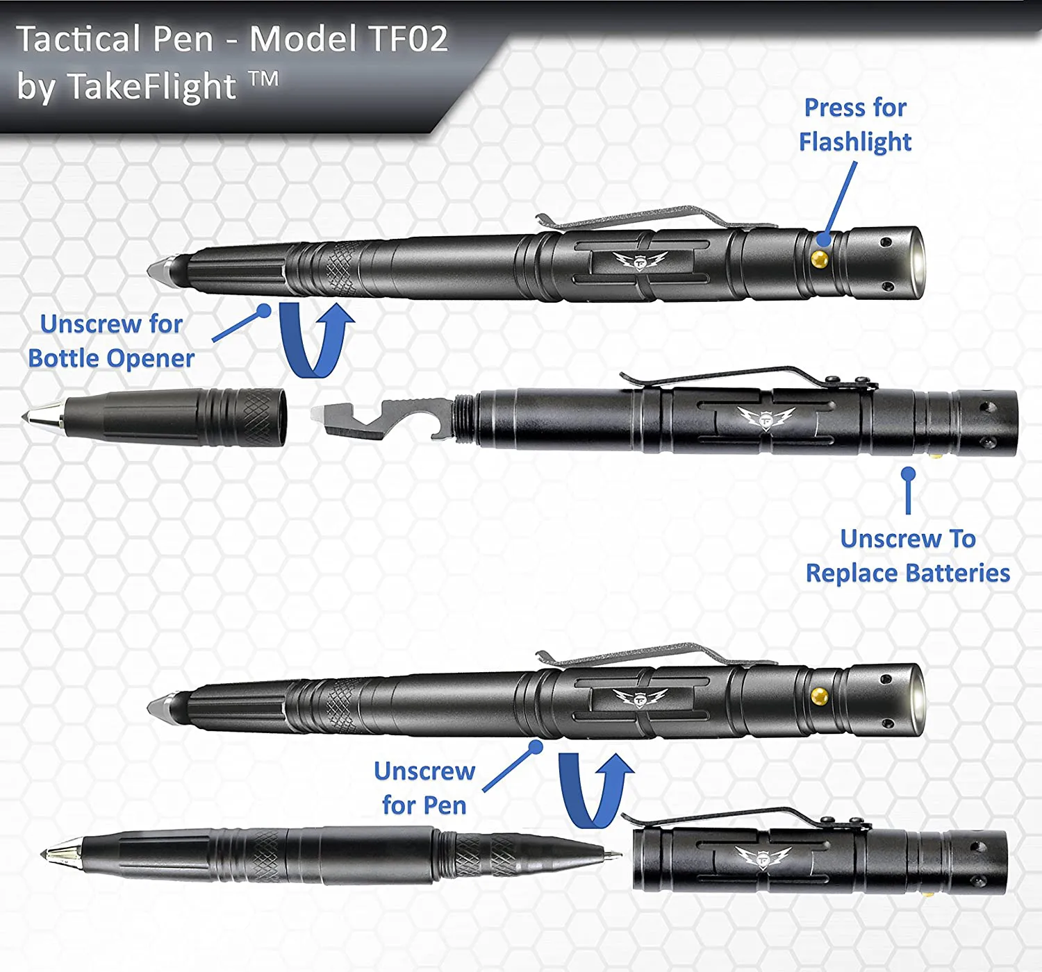 Rynx | TAKEFLIGHT Tactical Pen Survival Gear – LED Tactical Flashlight Multi Tool – Robust, Lightweight EDC Pen Survival Tool – Glass Breaker, Corkscrew, Screwdriver, Gift Box (Steel)