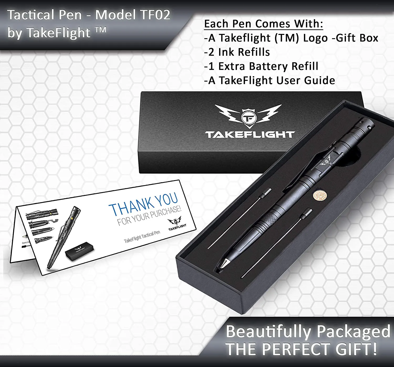 Rynx | TAKEFLIGHT Tactical Pen Survival Gear – LED Tactical Flashlight Multi Tool – Robust, Lightweight EDC Pen Survival Tool – Glass Breaker, Corkscrew, Screwdriver, Gift Box (Steel)