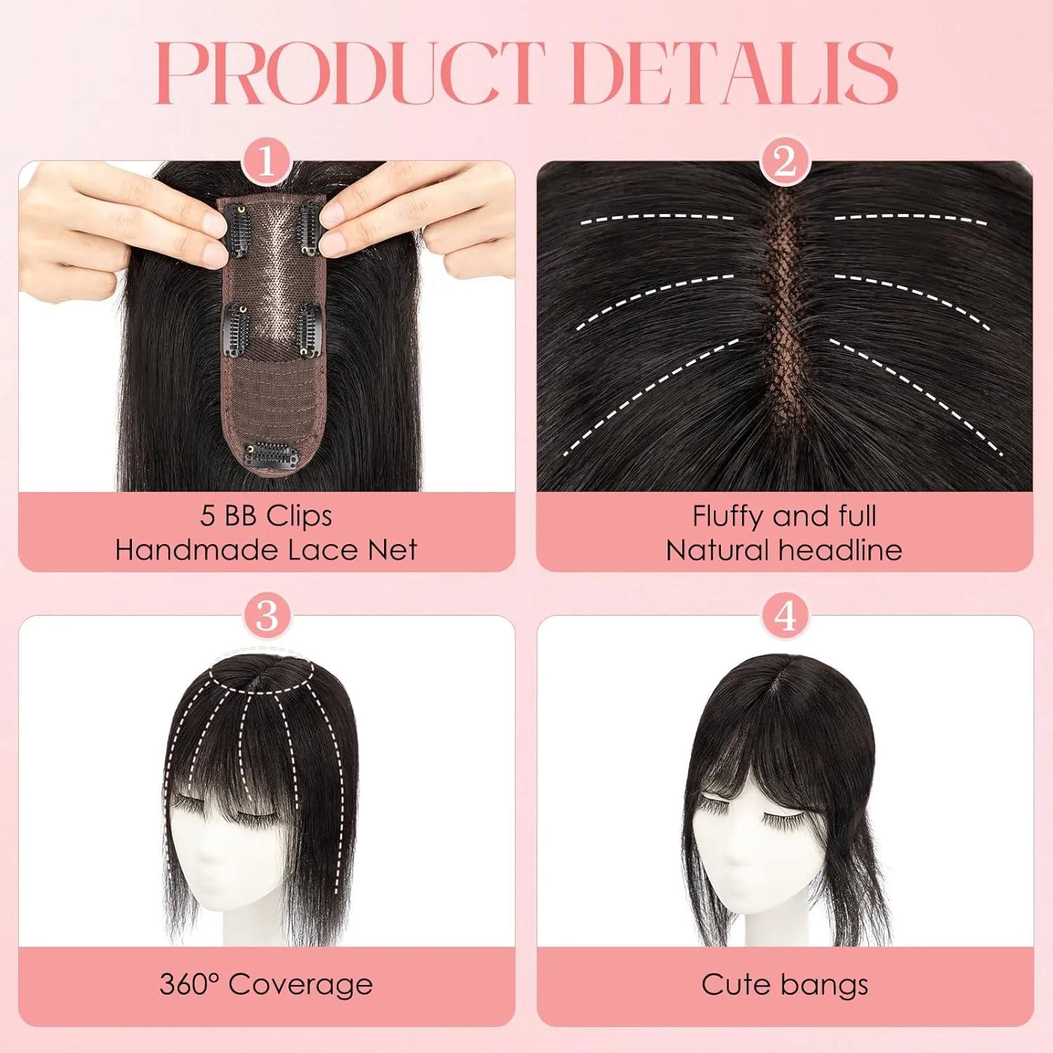 S-noilite Hair Toppers for Women with Bangs Real Human Hair 360° 3D Cover Clip in Bangs 2X6 Coverage Clip in Hairpiece for Women with Thinning Hairline 14Inch (Natural Black)