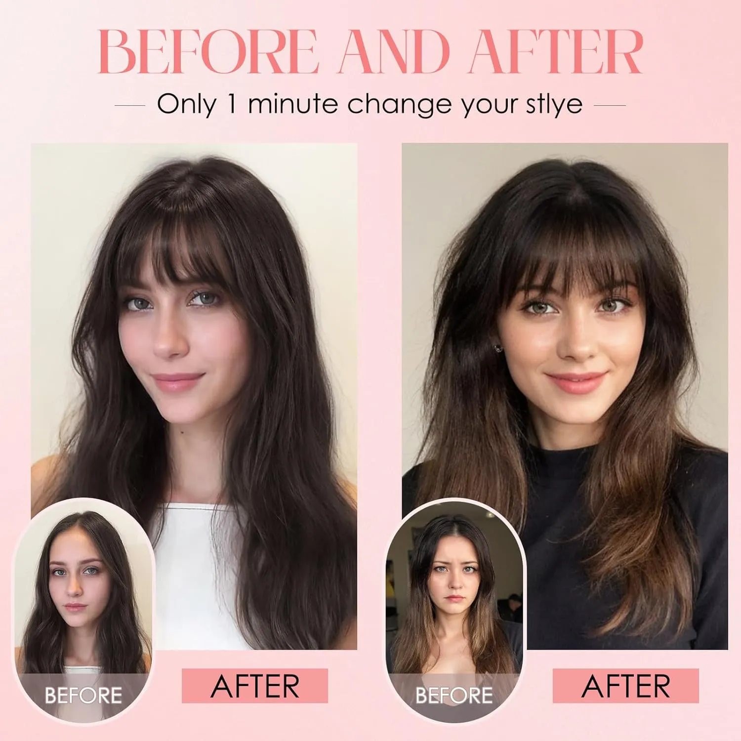 S-noilite Hair Toppers for Women with Bangs Real Human Hair 360° 3D Cover Clip in Bangs 2X6 Coverage Clip in Hairpiece for Women with Thinning Hairline 14Inch (Natural Black)