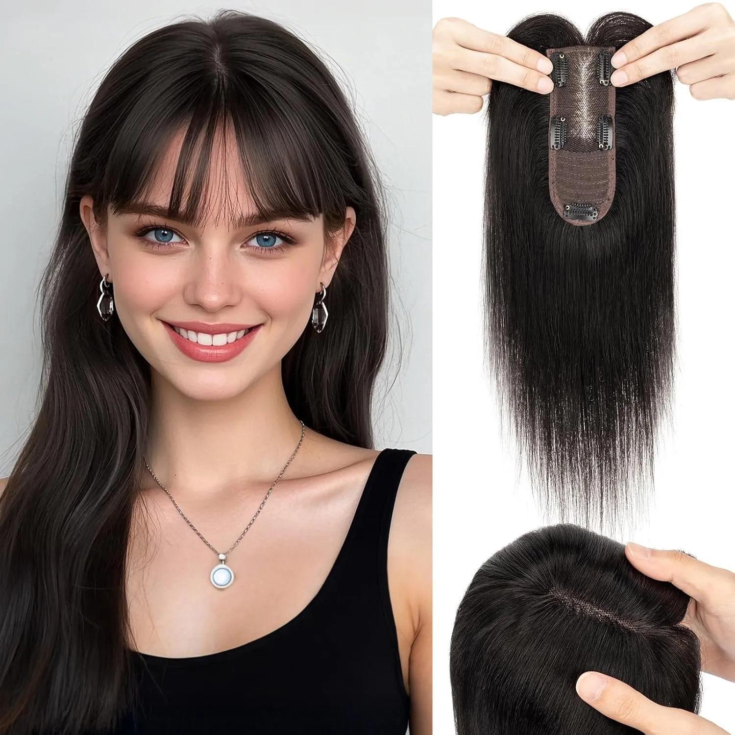 S-noilite Hair Toppers for Women with Bangs Real Human Hair 360° 3D Cover Clip in Bangs 2X6 Coverage Clip in Hairpiece for Women with Thinning Hairline 14Inch (Natural Black)