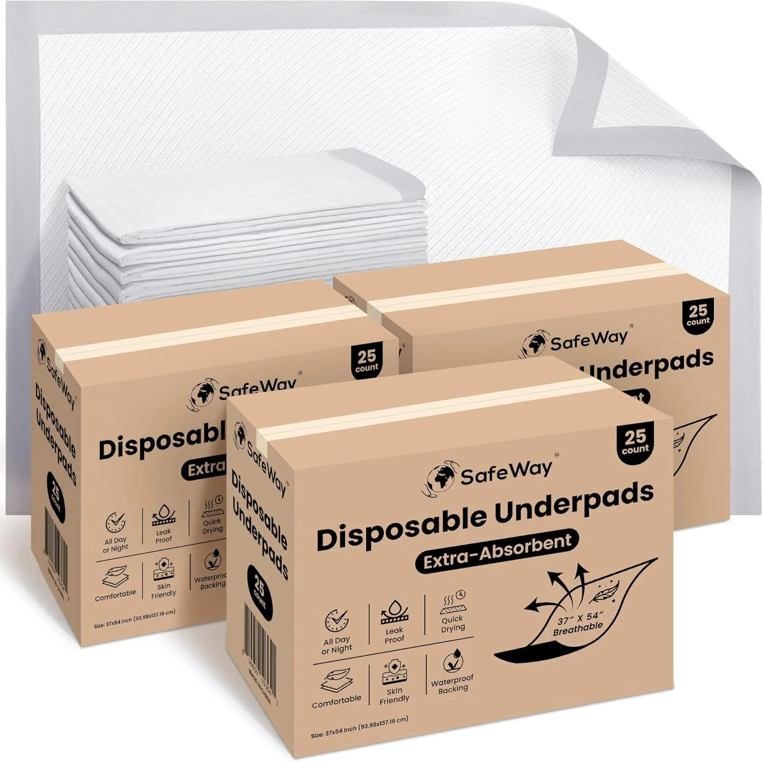 SafeWay 37"x54" Heavy-Duty Underpads – Overnight Protection, Supports Up to 400 lbs, Ultra Absorbent, Waterproof, Hypoallergenic, Medical-Grade Incontinence Bed Pads for Adults, 75 Ct