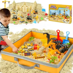 Sand Construction Kit with Big Foldable Sandbox and 2.2lbs Magic Sand, Truck Toys Including Castle Molds and Other Accessories - 36Pc Set for Kids 3 