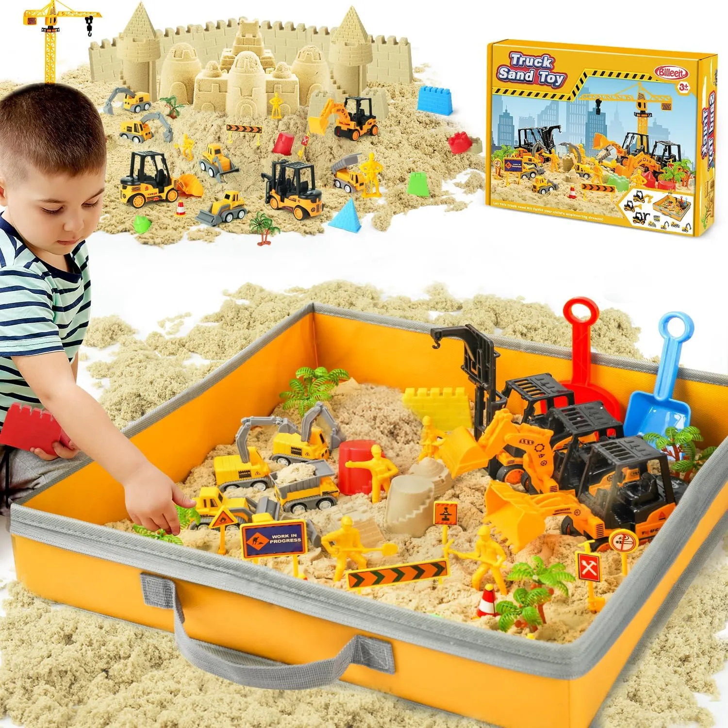 Sand Construction Kit with Big Foldable Sandbox and 2.2lbs Magic Sand, Truck Toys Including Castle Molds and Other Accessories - 36Pc Set for Kids 3 