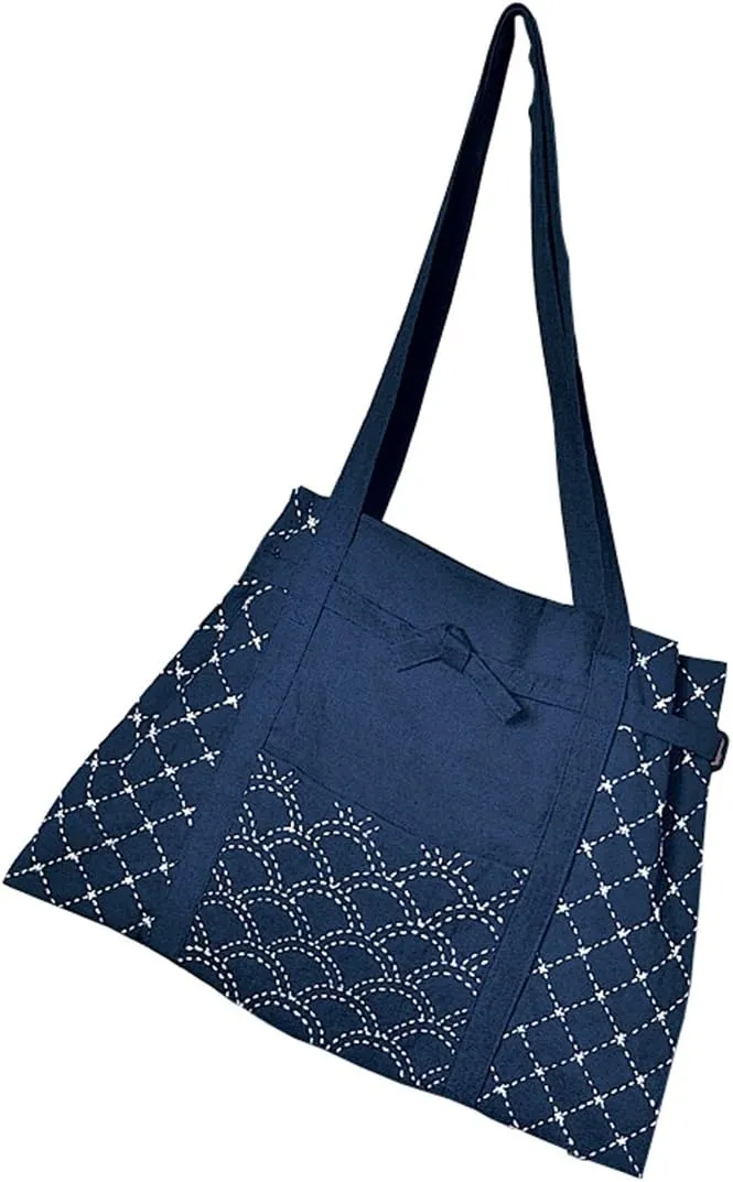 Sashiko Kit Shoulder Bag 0951 - Cotton Modern Blue Bag Making Kit for Adults - All Seasons - Nature Theme - Textile Art - Medium Size - Embroidery - Non-Foldable