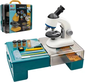 Science Microscope Kits for Kids 100X-1200X with Foldable Table Portable Carrying Box Slides LED Light STEM Educational Experiments Beginner Toys Kits for Students Lab 6  (White)