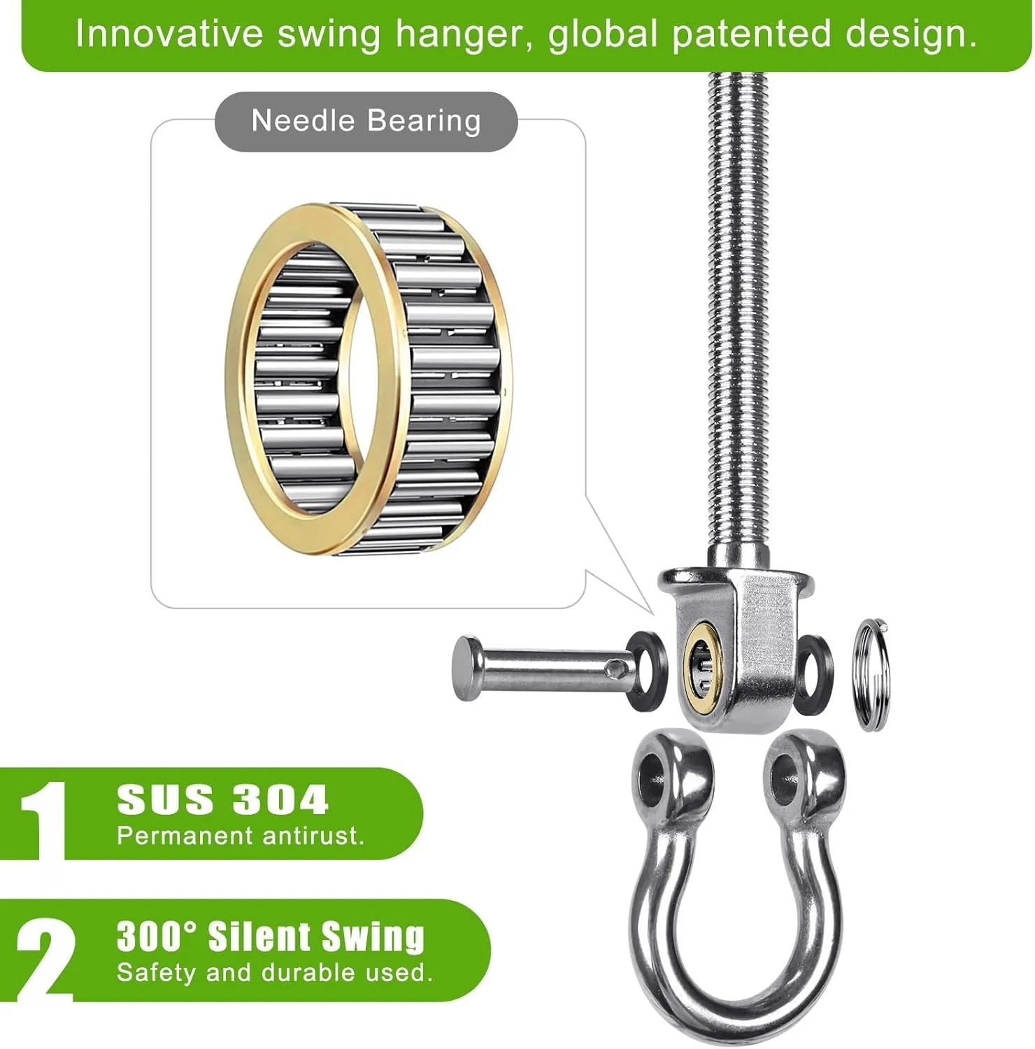 SELEWARE Heavy Duty Swing Hangers with Silent Bearings, 1500LB Capacity Stainless Steel Swing Hardware Kit (6 Pack), M10 x 9" Bolts for Wood/Steel Beams, Porch Swings, Yoga Hammocks, Gym Rings