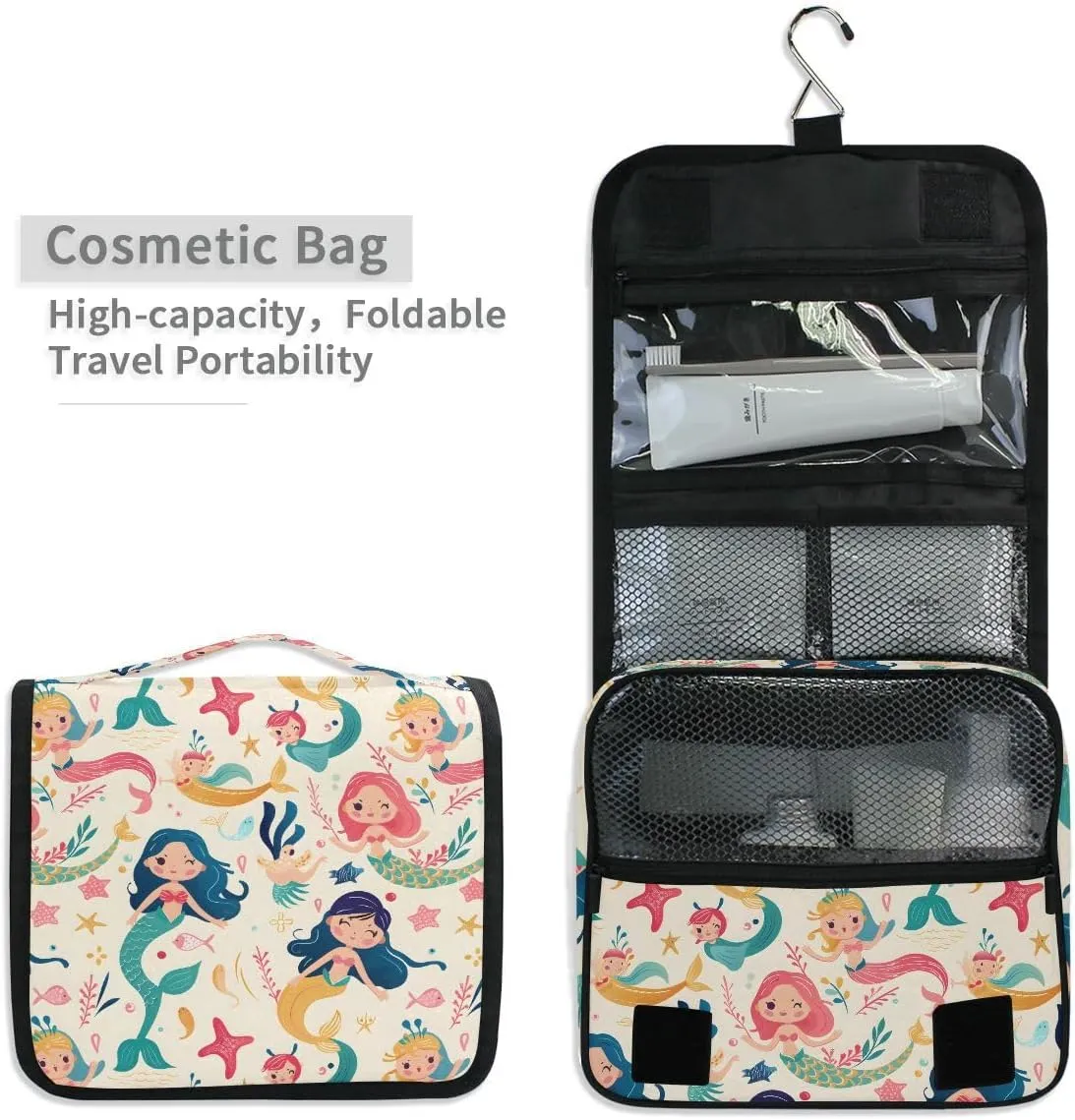 senya Hanging Travel Toiletry Bag Cute Kit Makeup Case Cosmetics Organizer for Men Women (Cute Mermaids And Friends)
