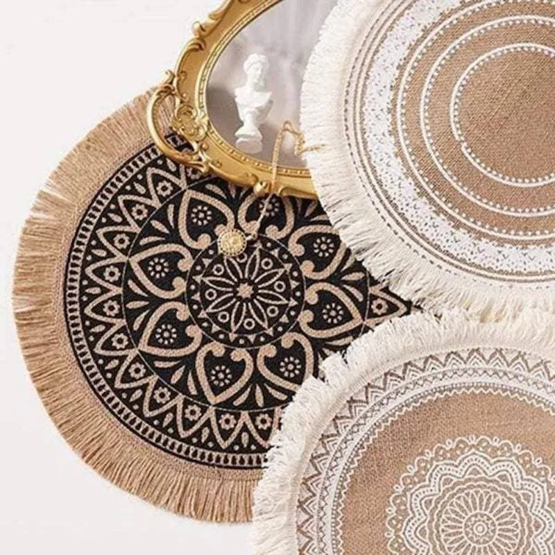 Set of 2 Burlap Nordic Tassel Placemats