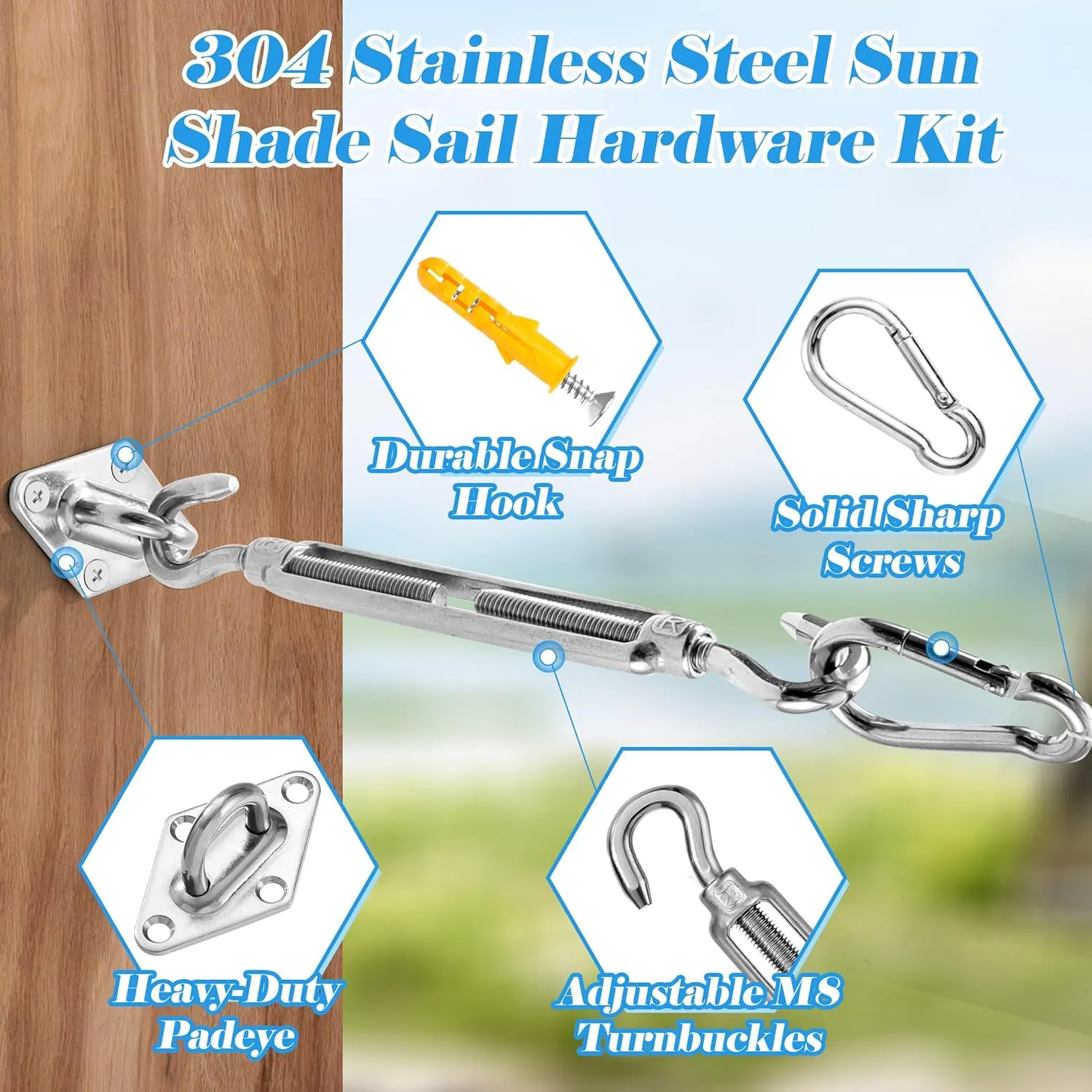 Shade Sail Hardware Kit, M8 Heavy Duty Sun Shade Installation Kit for Triangle Rectangle Sun Shade Sail, Stainless Steel Awning Attachment Set (40 PCS)