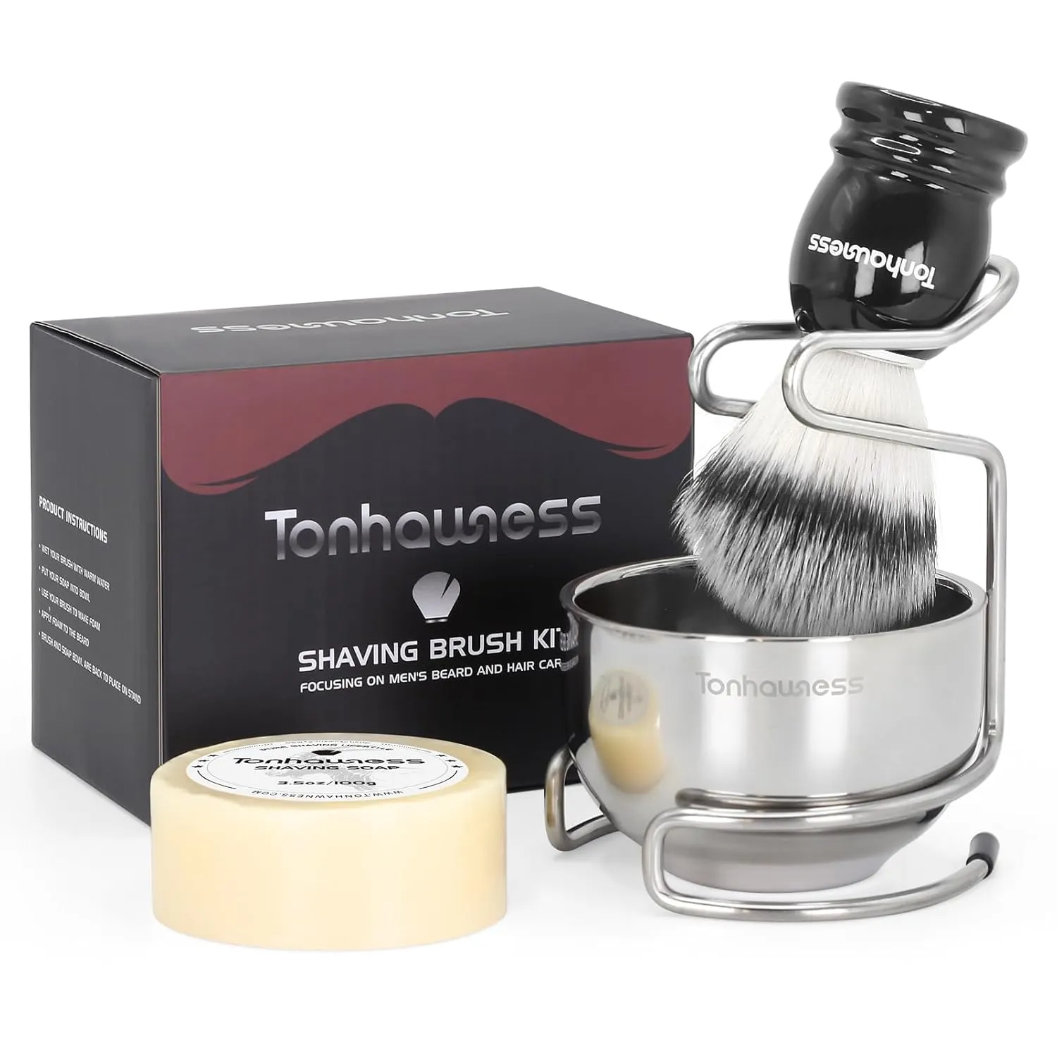 Shaving Brush Kit for Men, 4 in 1 Shaving Brushes Set Includes Nylon Bristle Shave Brush, Shaving Bowl & Stand and Shaving Soap Kit for Men’s Shave Gift