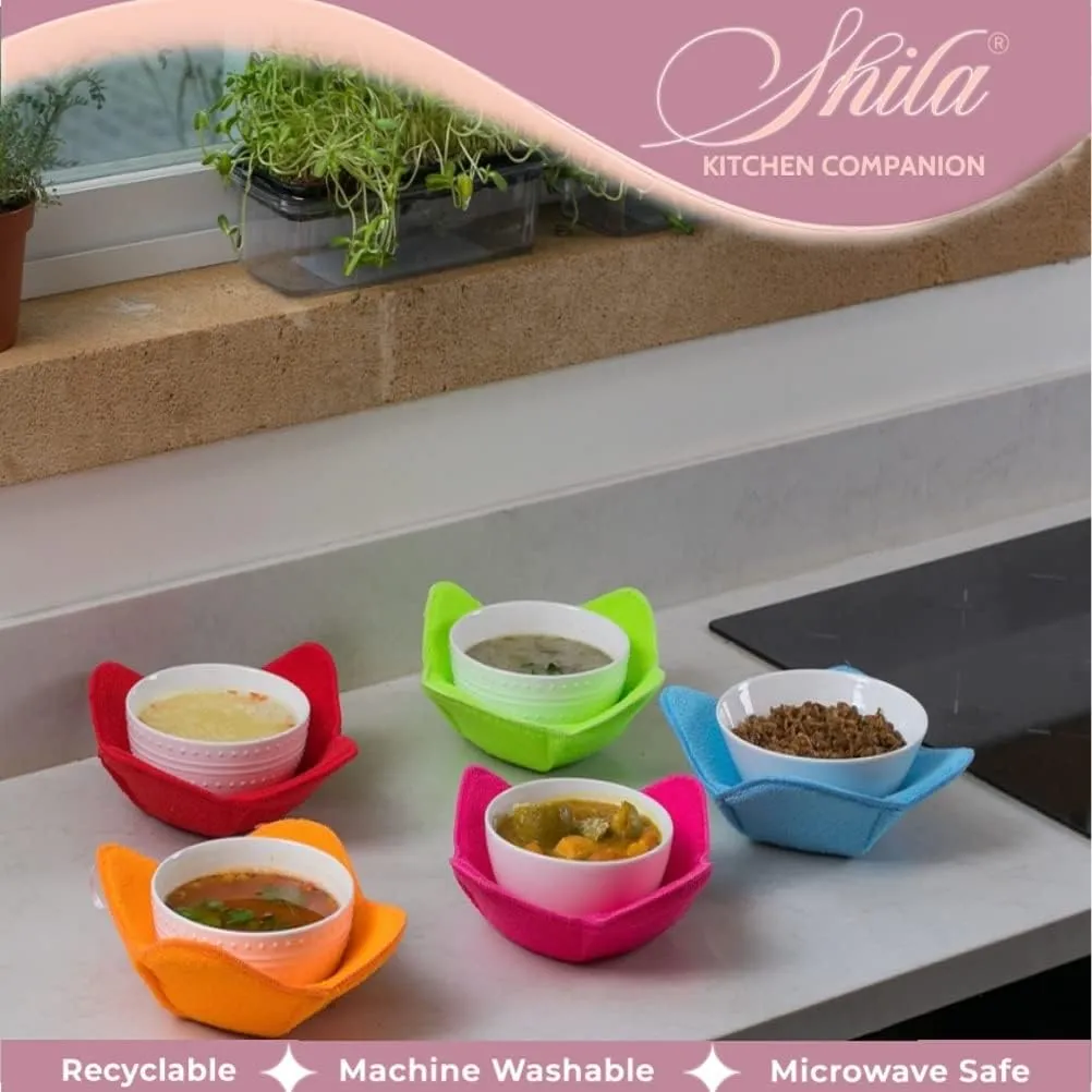 SHILA Bowl Snuggies - Colorful Set of Microwave Safe Bowl Holders to Keep Hands Cool and Meal Warm, Polyester & Sponge Heat Resistant Cozies for Soup, Rice and Pasta