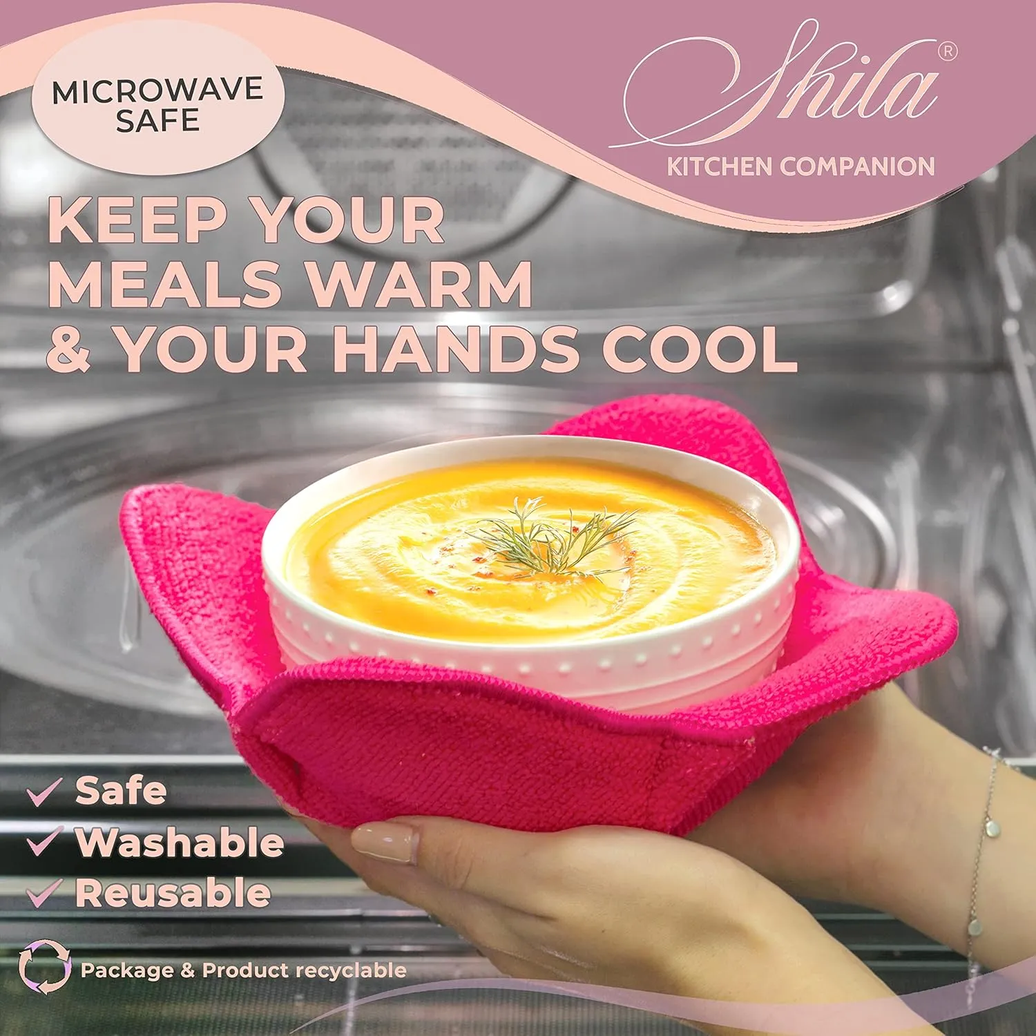 SHILA Bowl Snuggies - Colorful Set of Microwave Safe Bowl Holders to Keep Hands Cool and Meal Warm, Polyester & Sponge Heat Resistant Cozies for Soup, Rice and Pasta