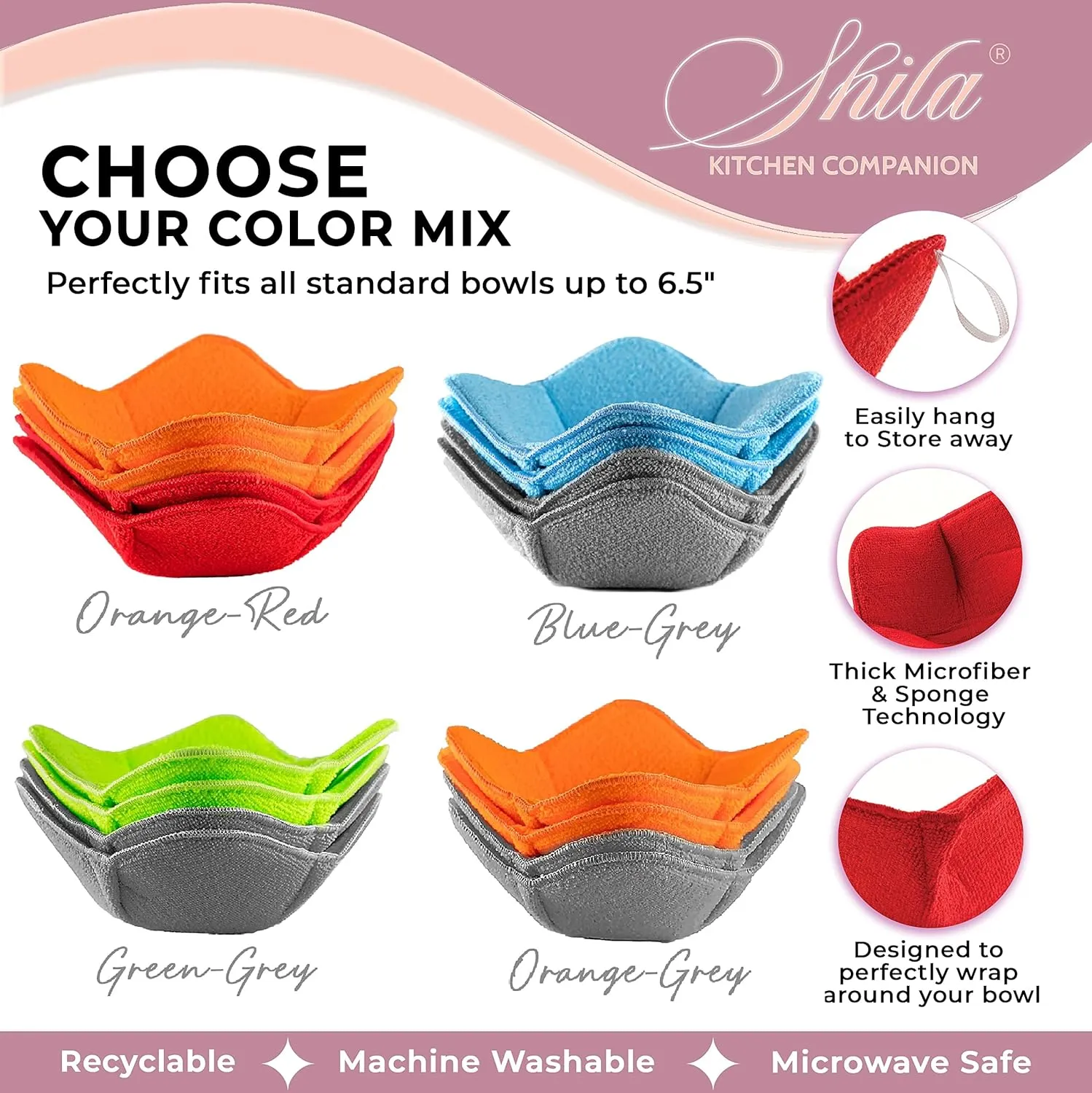 SHILA Bowl Snuggies - Colorful Set of Microwave Safe Bowl Holders to Keep Hands Cool and Meal Warm, Polyester & Sponge Heat Resistant Cozies for Soup, Rice and Pasta