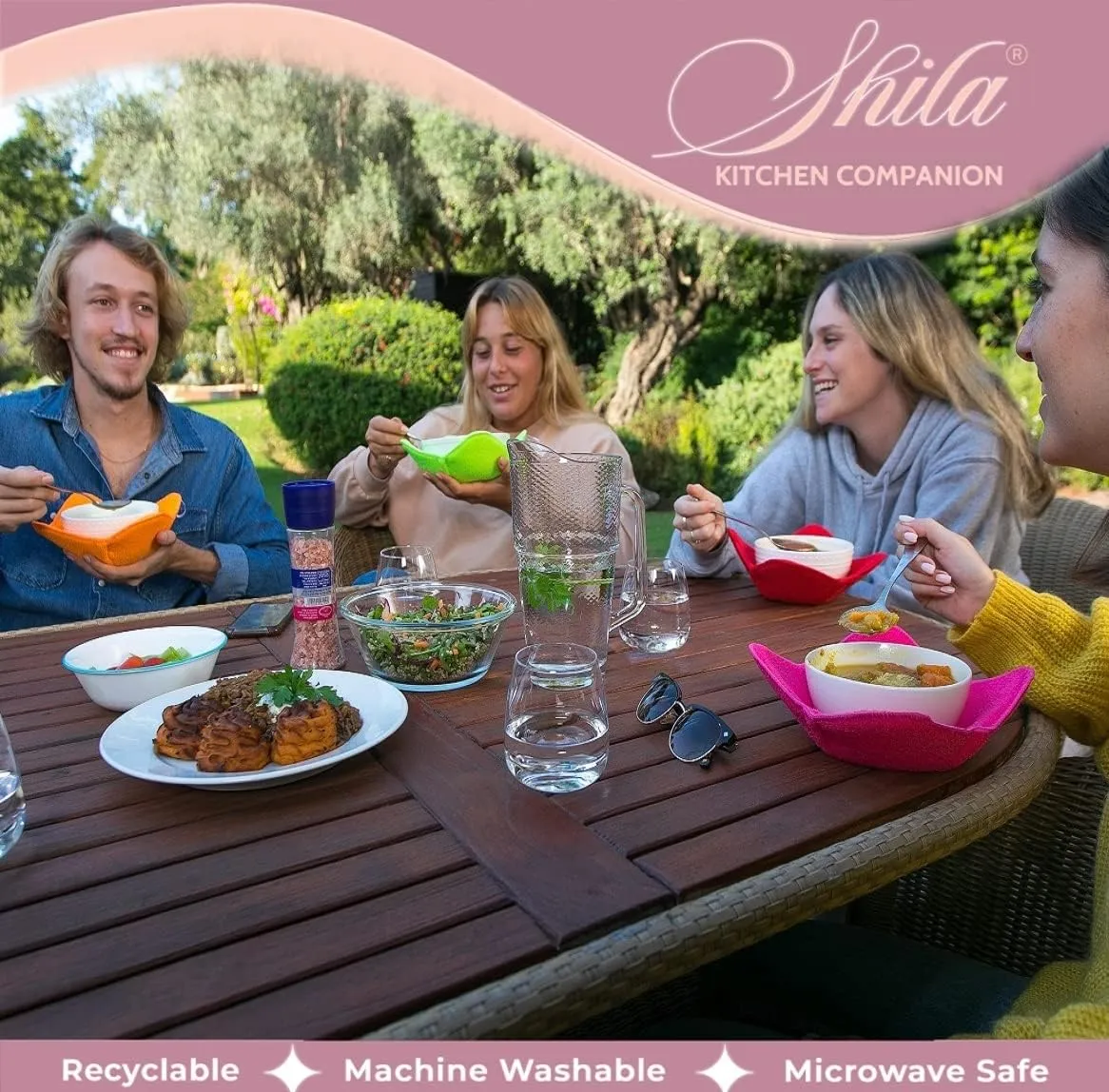 SHILA Bowl Snuggies - Colorful Set of Microwave Safe Bowl Holders to Keep Hands Cool and Meal Warm, Polyester & Sponge Heat Resistant Cozies for Soup, Rice and Pasta